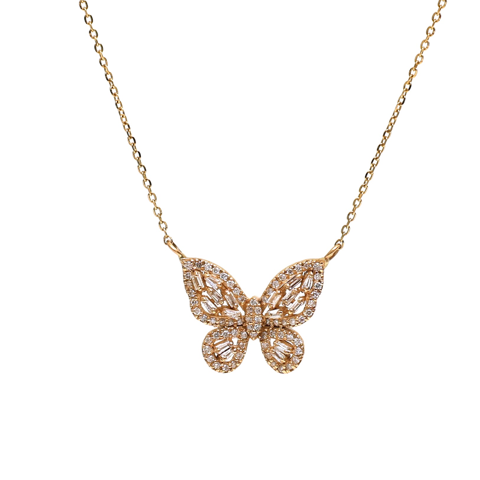 JPNC-639/7863 Diamond Baguette Butterfly Necklace | 18K
