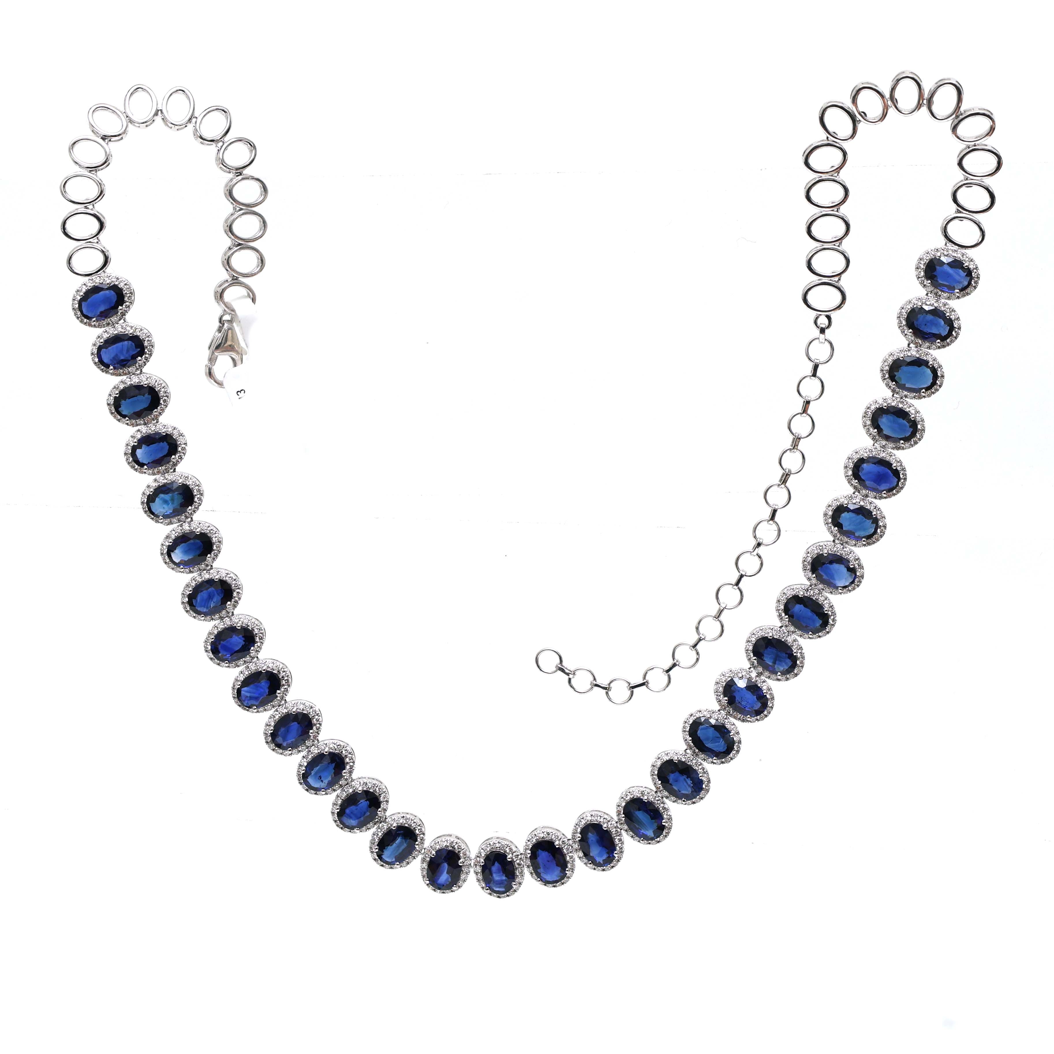 JPNC-641/7921 Blue Sapphire Oval Diamond Necklace | 18K
