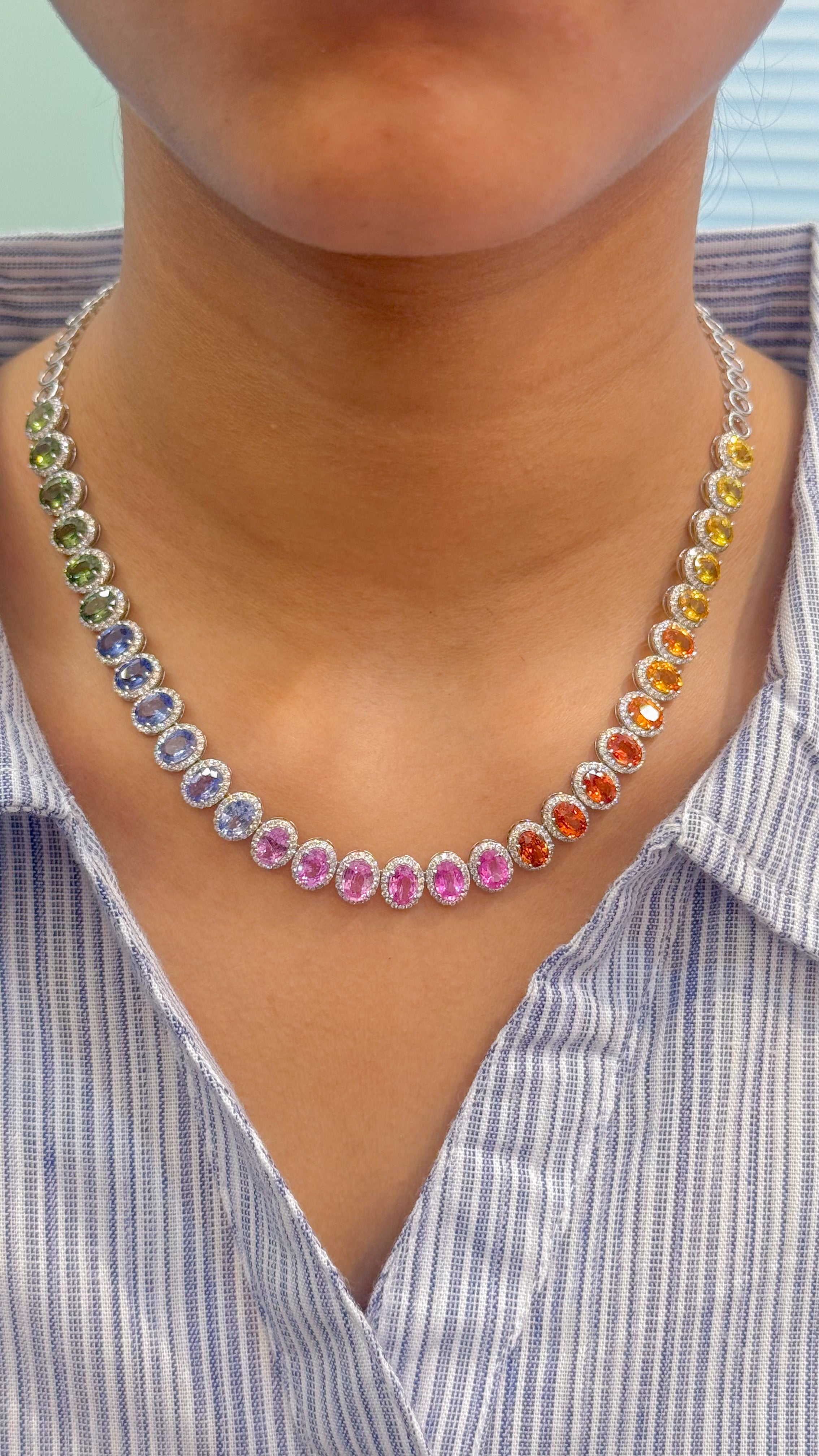 JPNC-646/7966 Rainbow Sapphire Oval Diamond Necklace | 18K