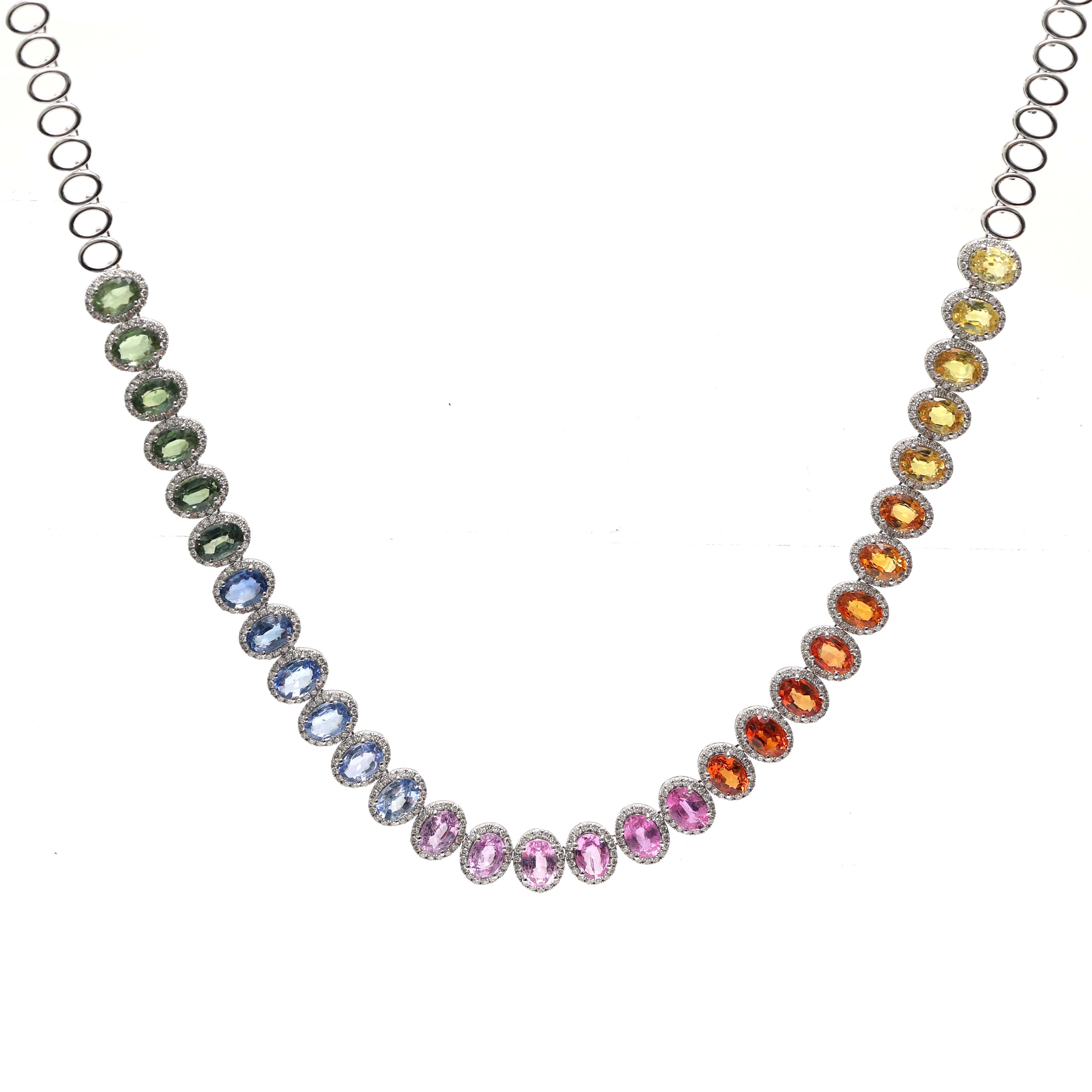 JPNC-646/7966 Rainbow Sapphire Oval Diamond Necklace | 18K