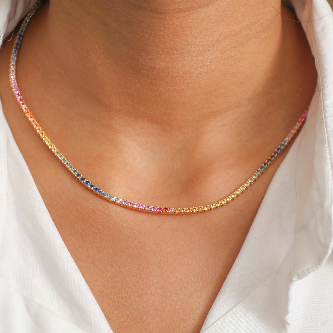 JPNC-664/8165 Rainbow Sapphire Round 2Mm Tennis Necklace | 18K