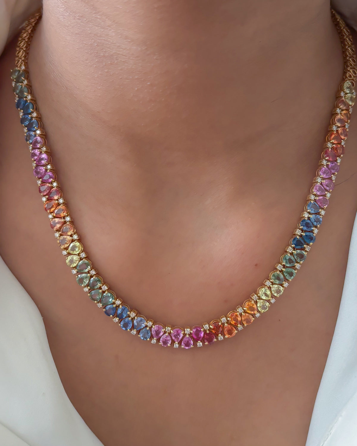 JPNC-671/8239 Rainbow Sapphire Pear Up Down With Diamond Necklace | 18K