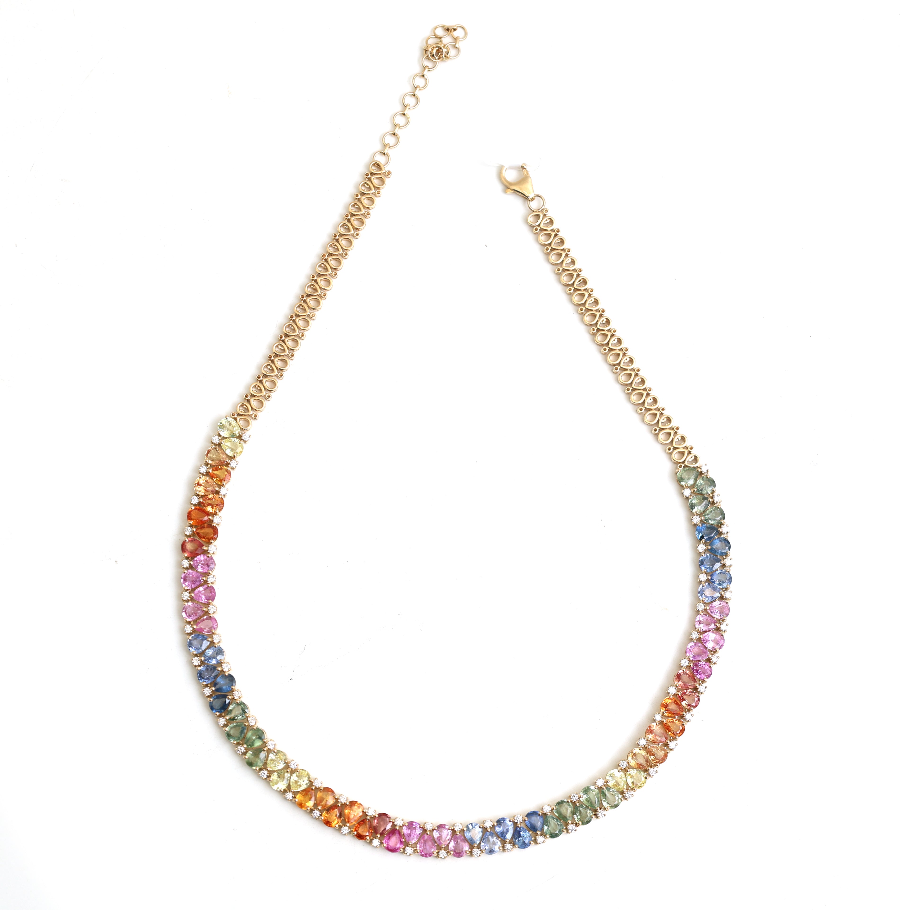 JPNC-671/8239 Rainbow Sapphire Pear Up Down With Diamond Necklace | 18K