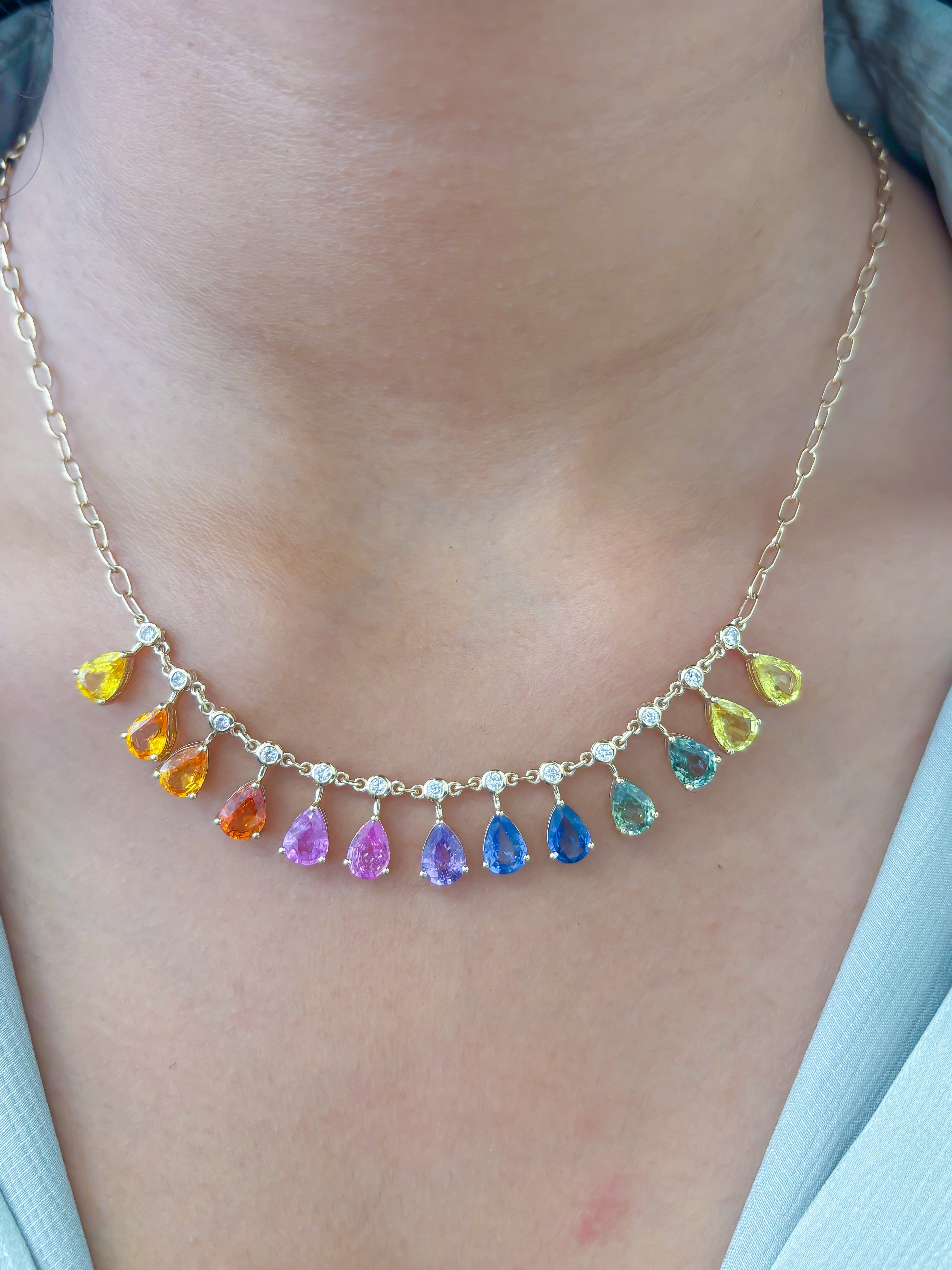 JPNC-680/8681 Rainbow Sapphire Pear With Diamond Necklace | 14K