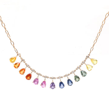 JPNC-680/8681 Rainbow Sapphire Pear With Diamond Necklace | 14K