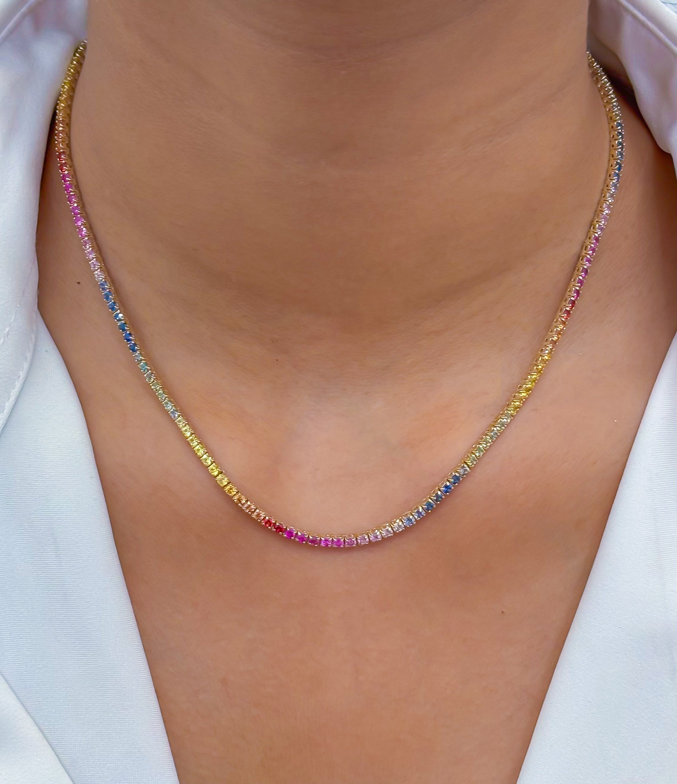 JPNC-721/9872 Rainbow Sapphire Round 2Mm Tennis Necklace | 14K
