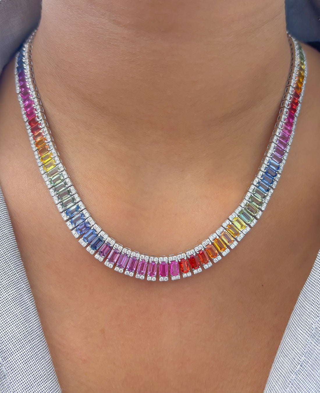 JPNC-764/10182 Rainbow Sapphire Diamond Necklace | 18K