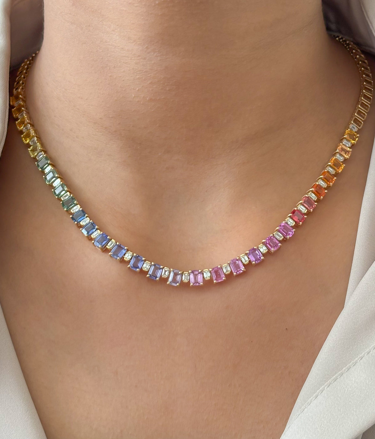 JPNC-825/11888 Rainbow Sapphire Diamond Necklace | 18K