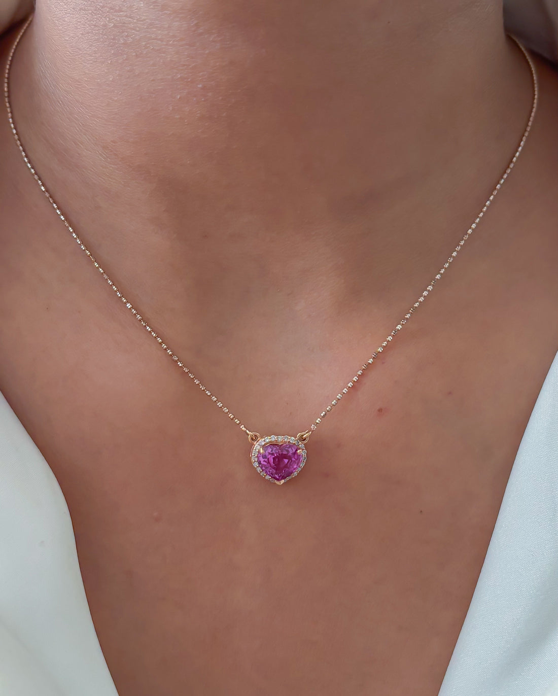 JPNC-97/1064 Pink Sapphire Heart With Diamond Chain  Necklace | 18K
