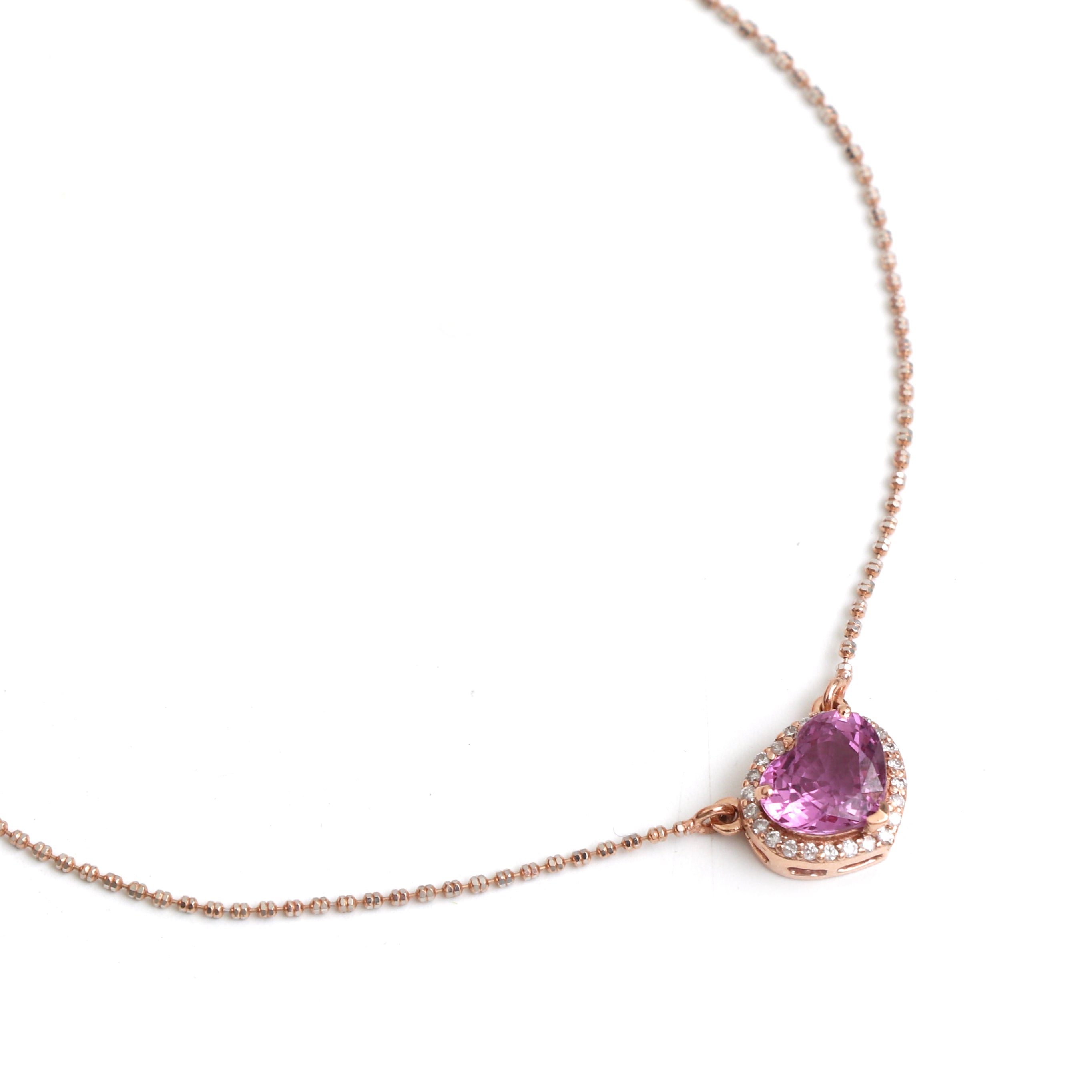 JPNC-97/1064 Pink Sapphire Heart With Diamond Chain  Necklace | 18K