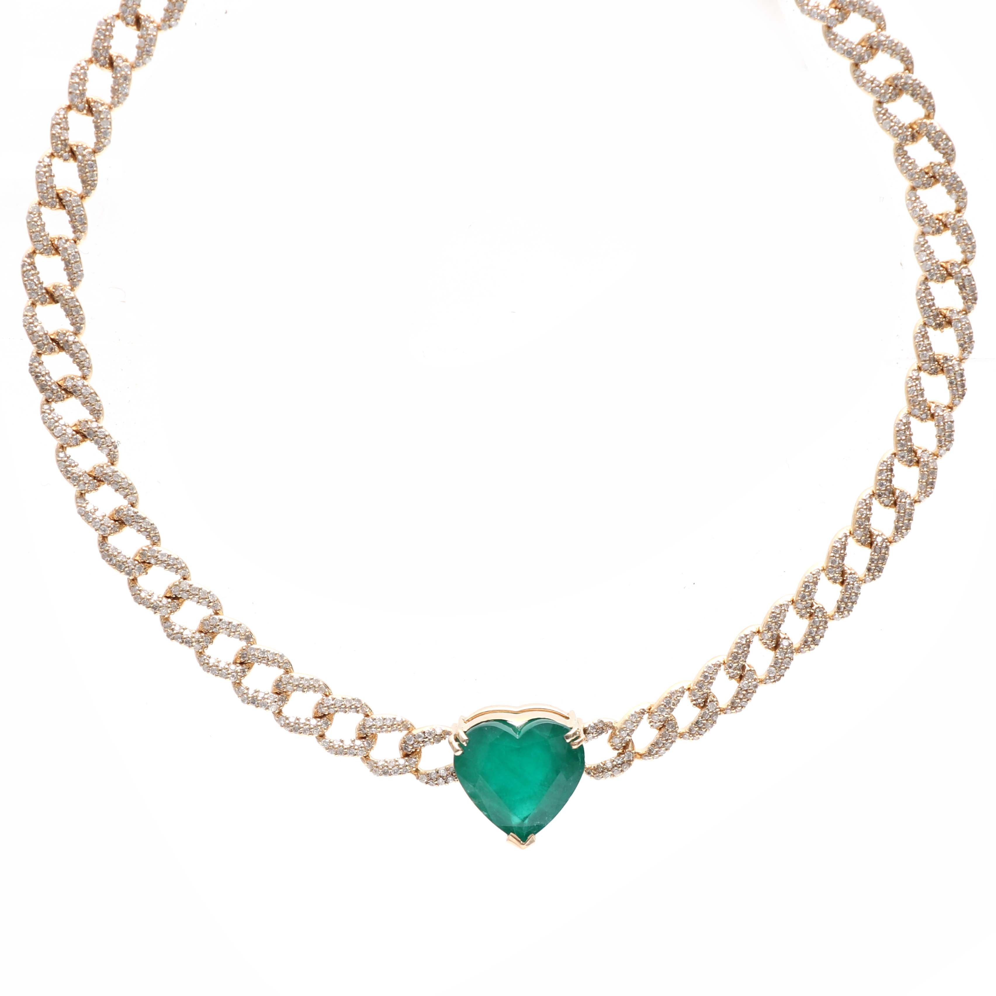 JPNC-98/1065 Emerald Heart With Diamond Cuban Chain  Necklace | 18K
