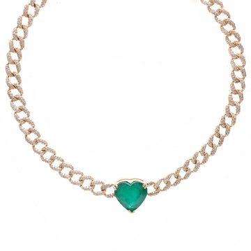 JPNC-98/1065 Emerald Heart With Diamond Cuban Chain  Necklace | 18K