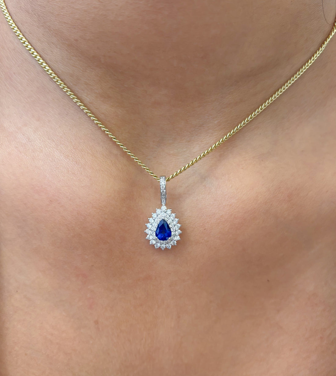 JPPD-1000/10338 Blue Sapphire Helo Diamond Pear Pendant | 18K