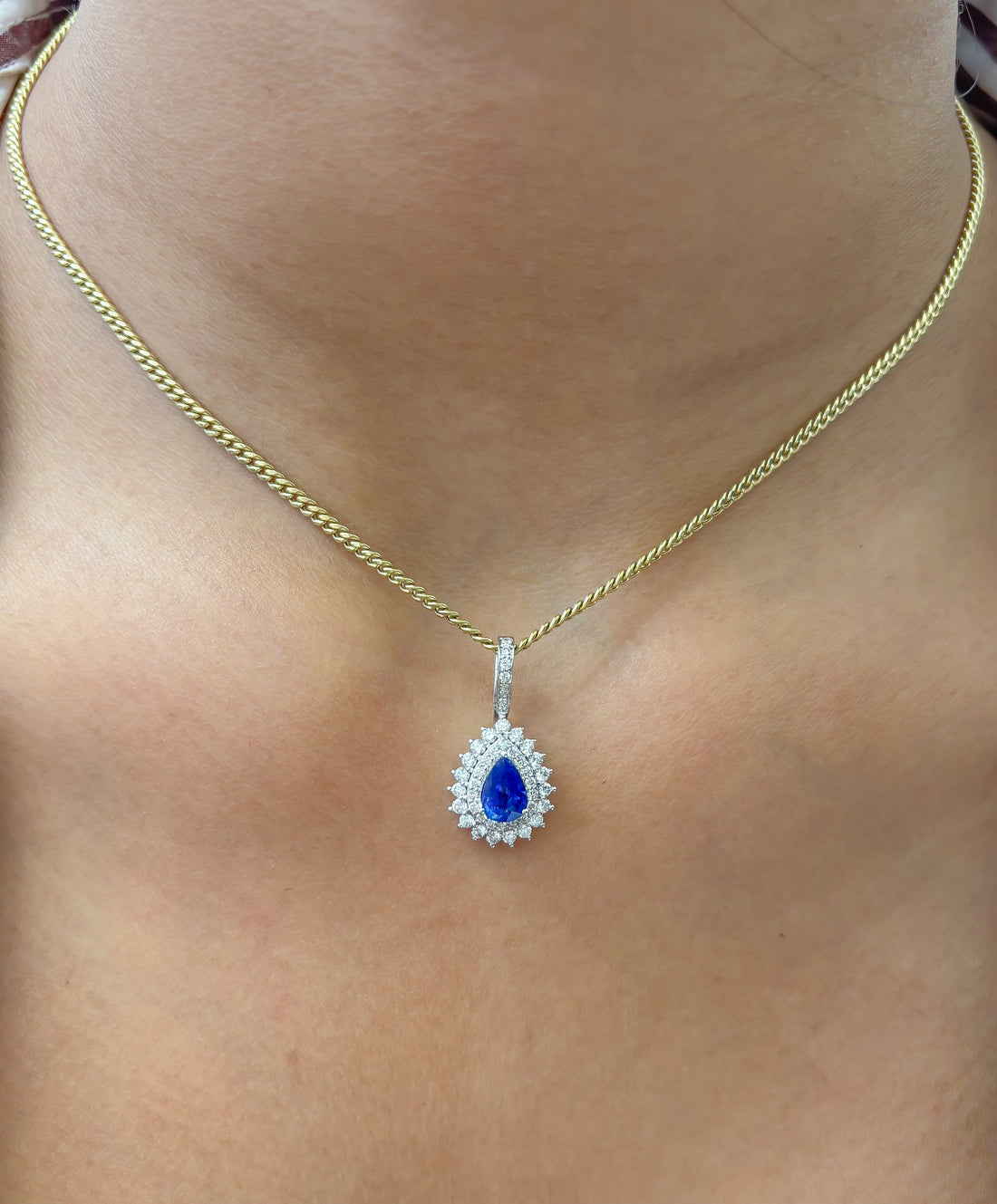 JPPD-1001/10339 Blue Sapphire Helo Diamond Pear Pendant | 18K