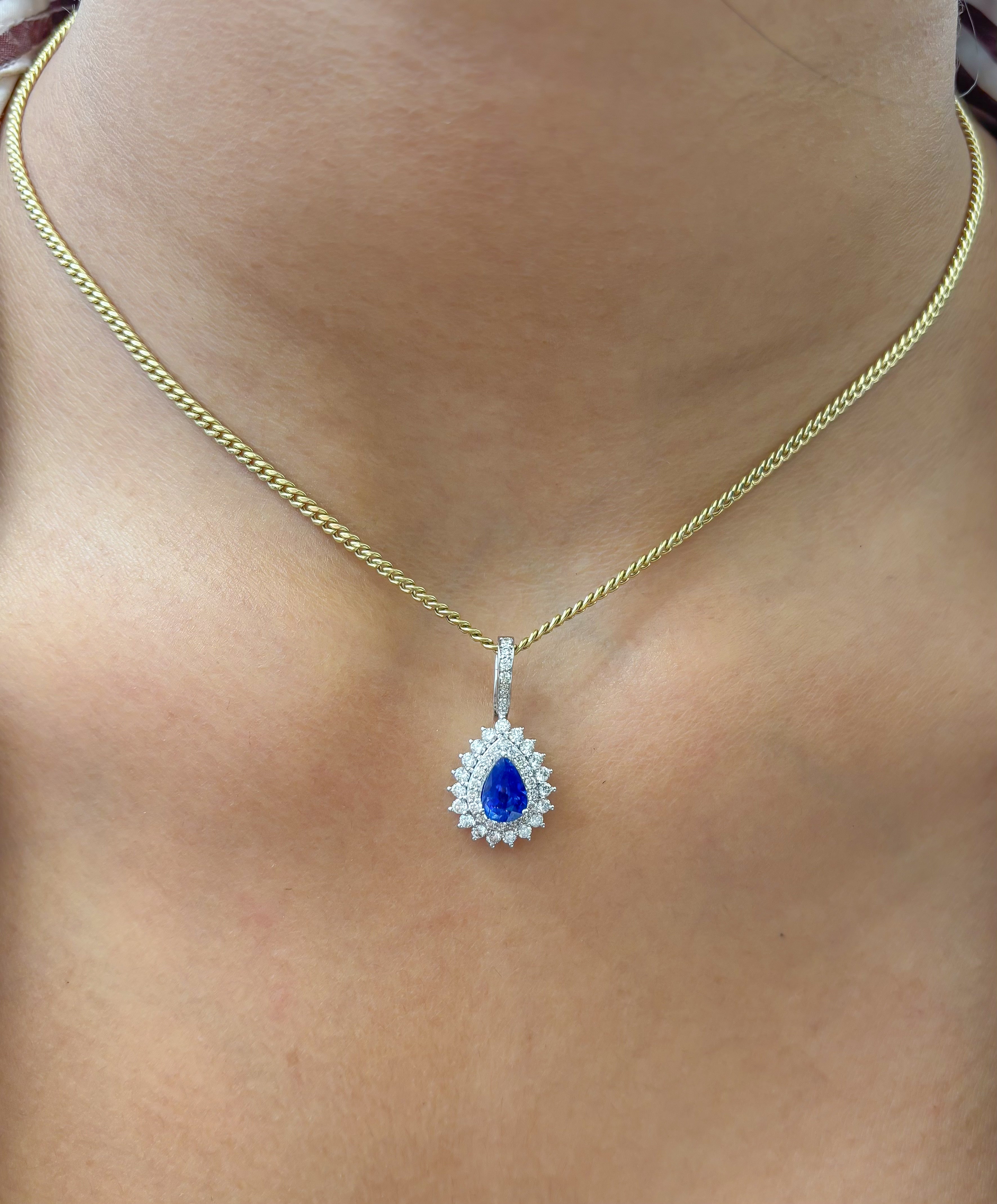 JPPD-1001/10339 Blue Sapphire Helo Diamond Pear Pendant | 18K