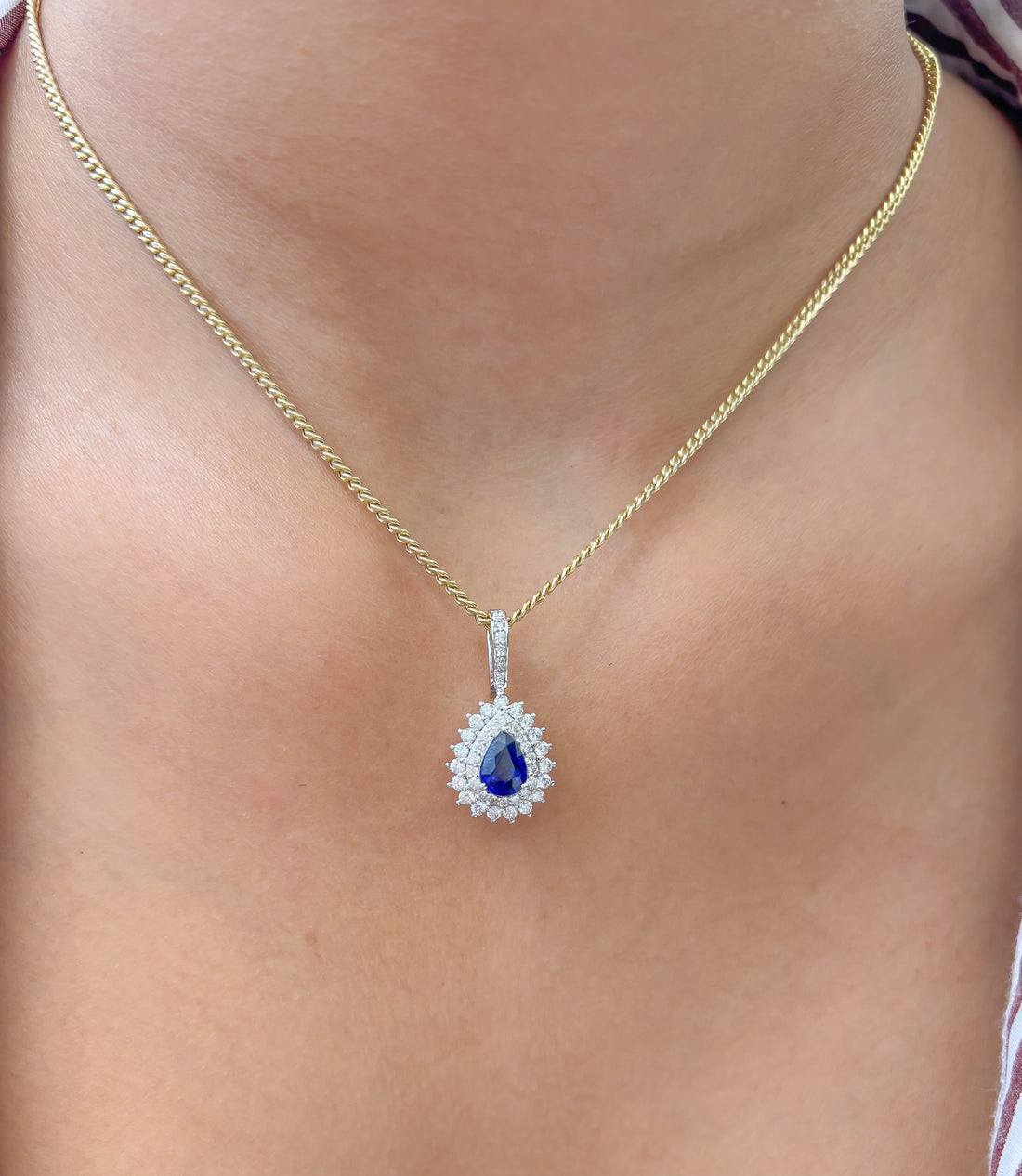 JPPD-1002/10340 Blue Sapphire Helo Diamond Pear Pendant | 18K
