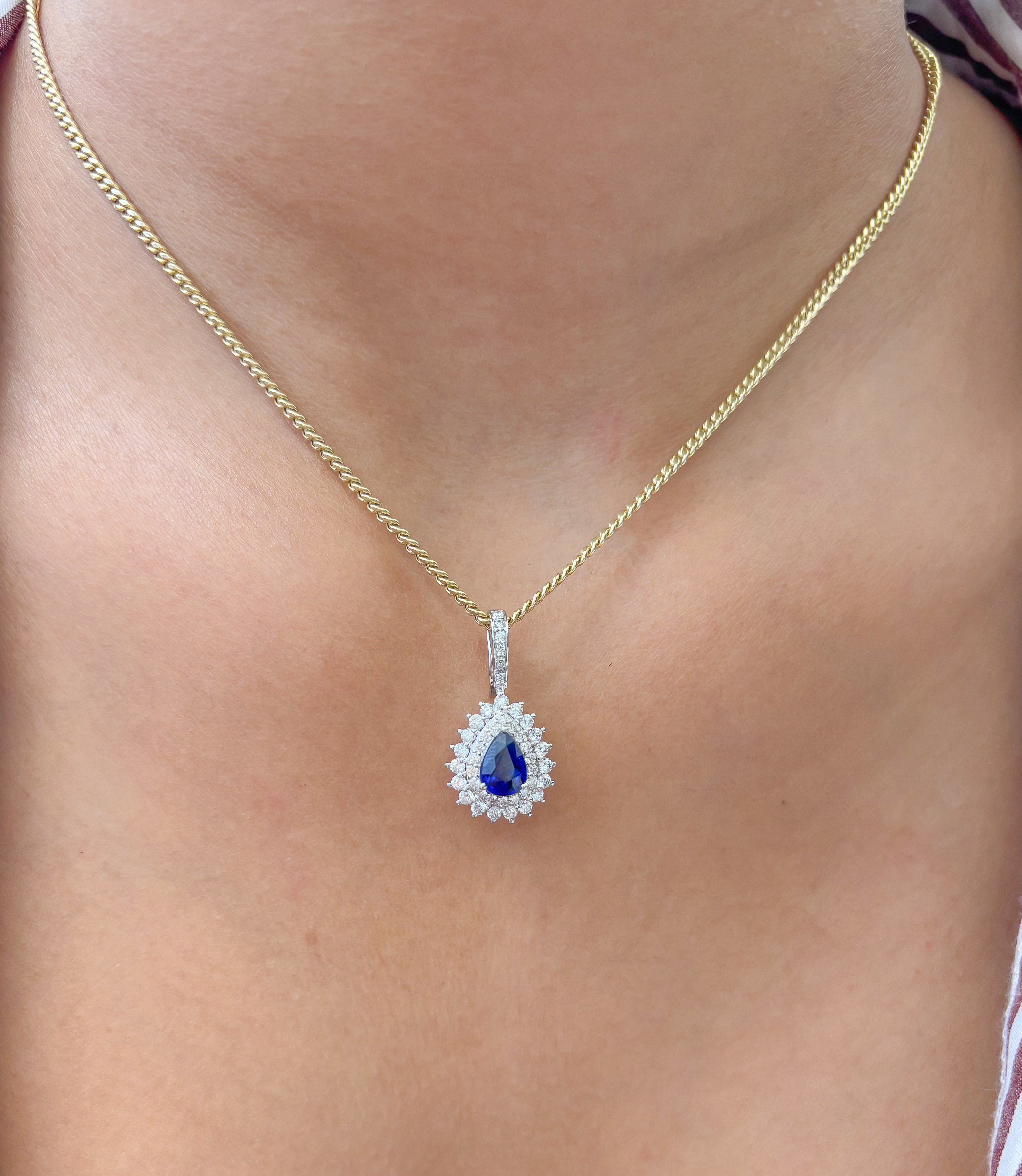 JPPD-1002/10340 Blue Sapphire Helo Diamond Pear Pendant | 18K