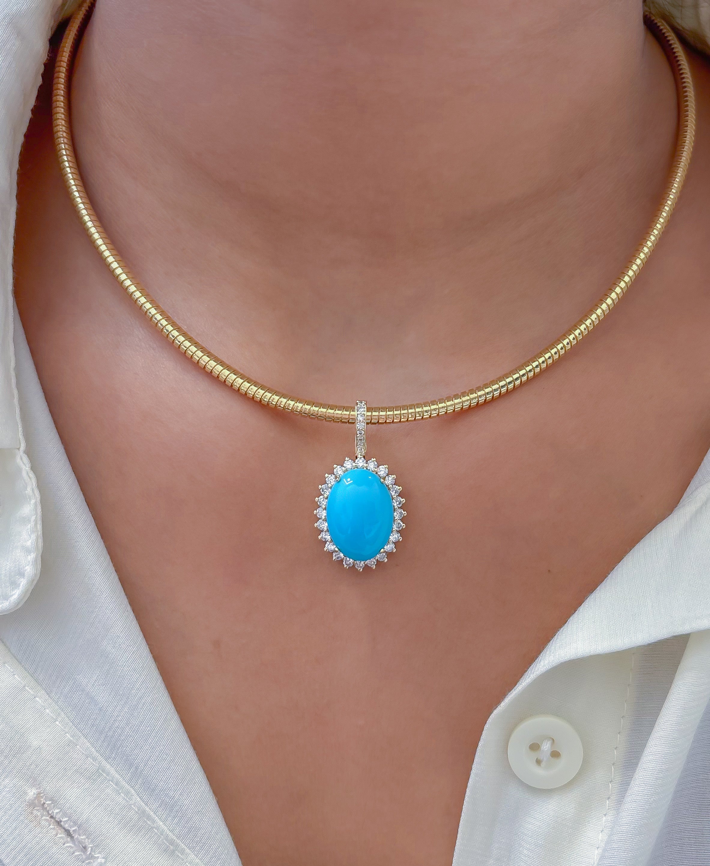 JPPD-1189/11758 Turquoise Helo Diamond Oval Pendant | 14K