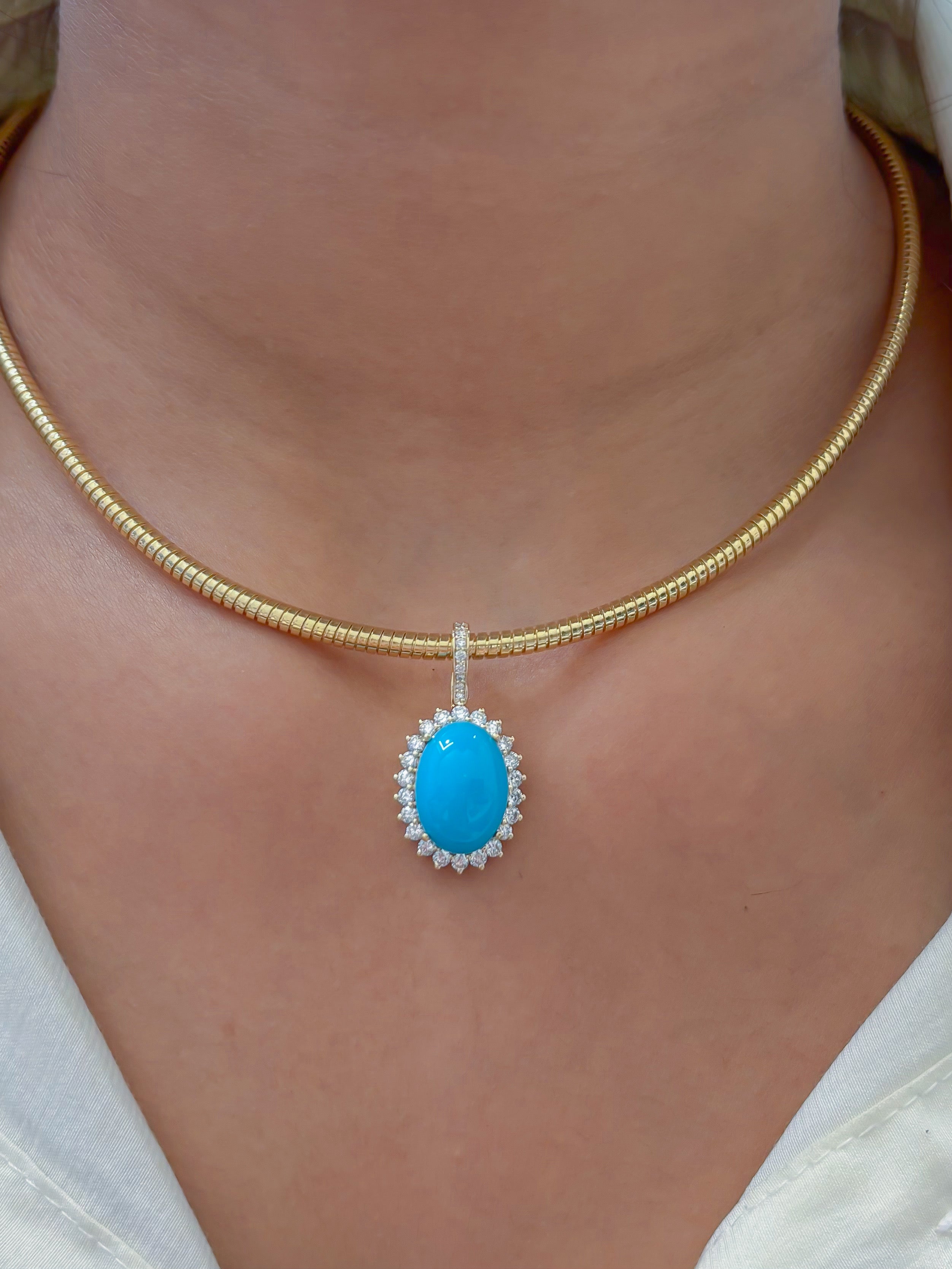 JPPD-1190/11759 Turquoise Helo Diamond Oval Pendant | 14K