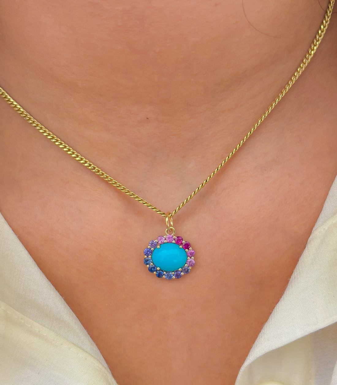 JPPD-1205/11963 Rainbow Sapphire Turquoise Pendant | 14K