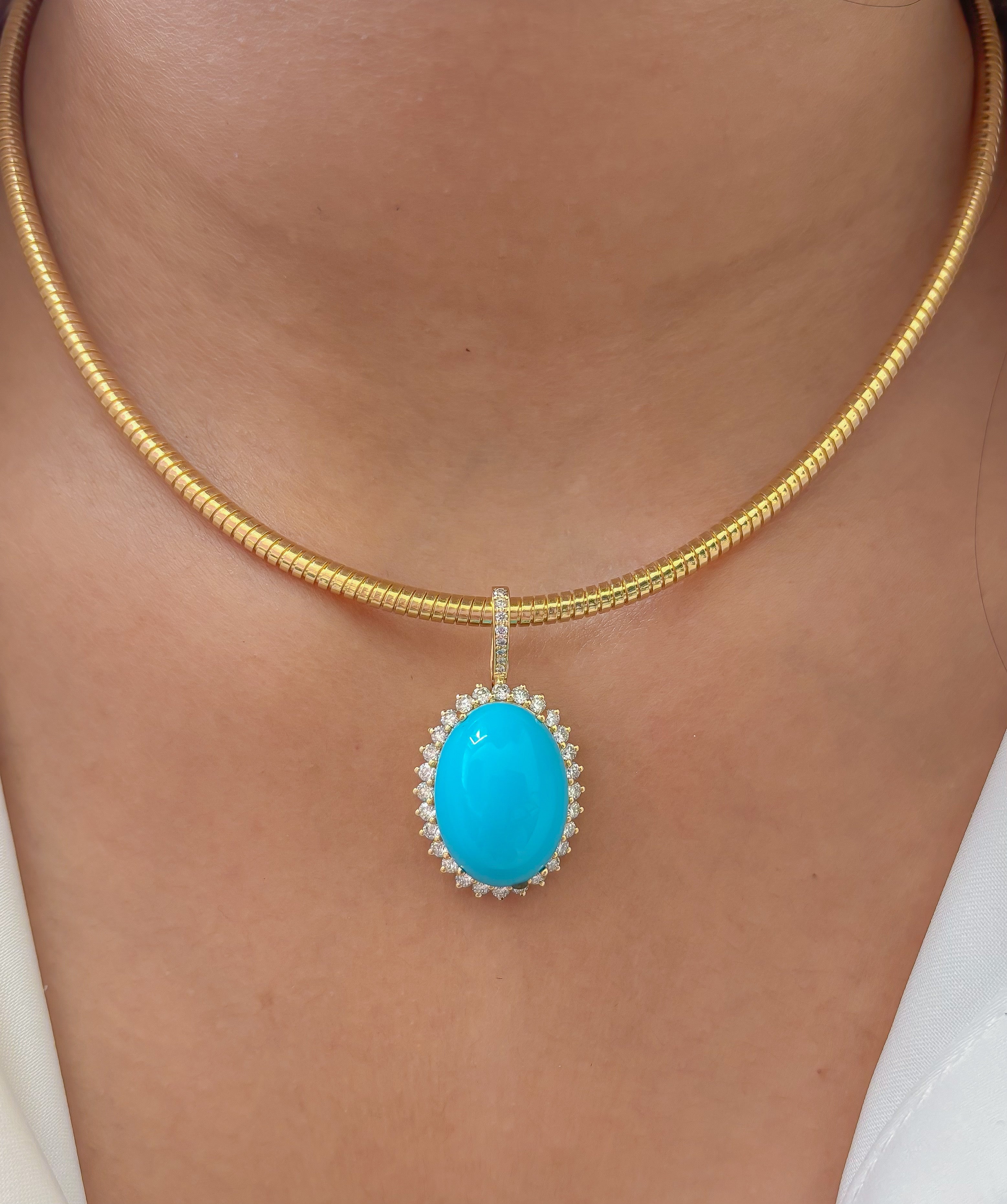 JPPD-1211/12059 Turquoise Helo Diamond Oval Pendant | 14K