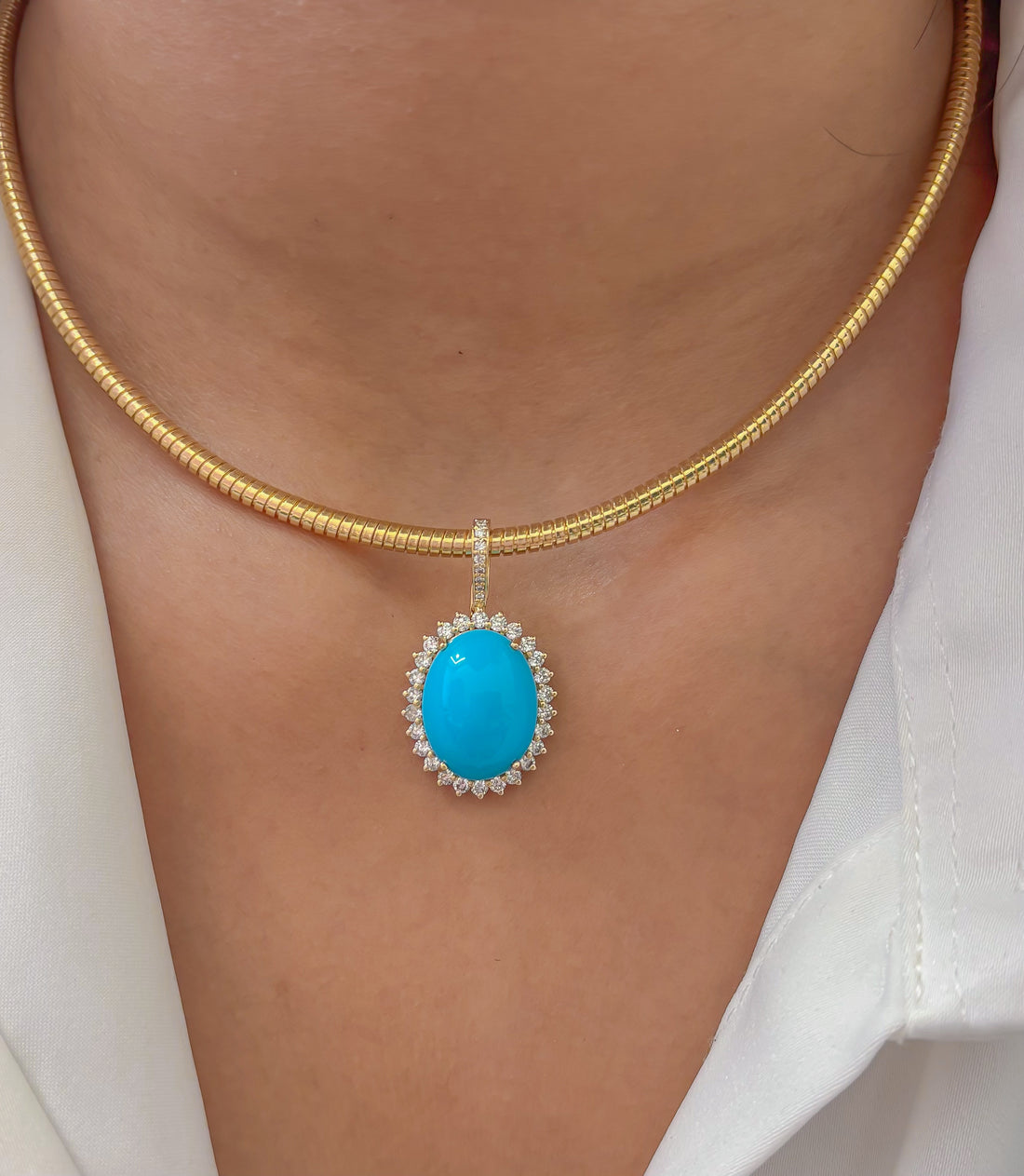 JPPD-1212/12060 Turquoise Helo Diamond Oval Pendant | 14K