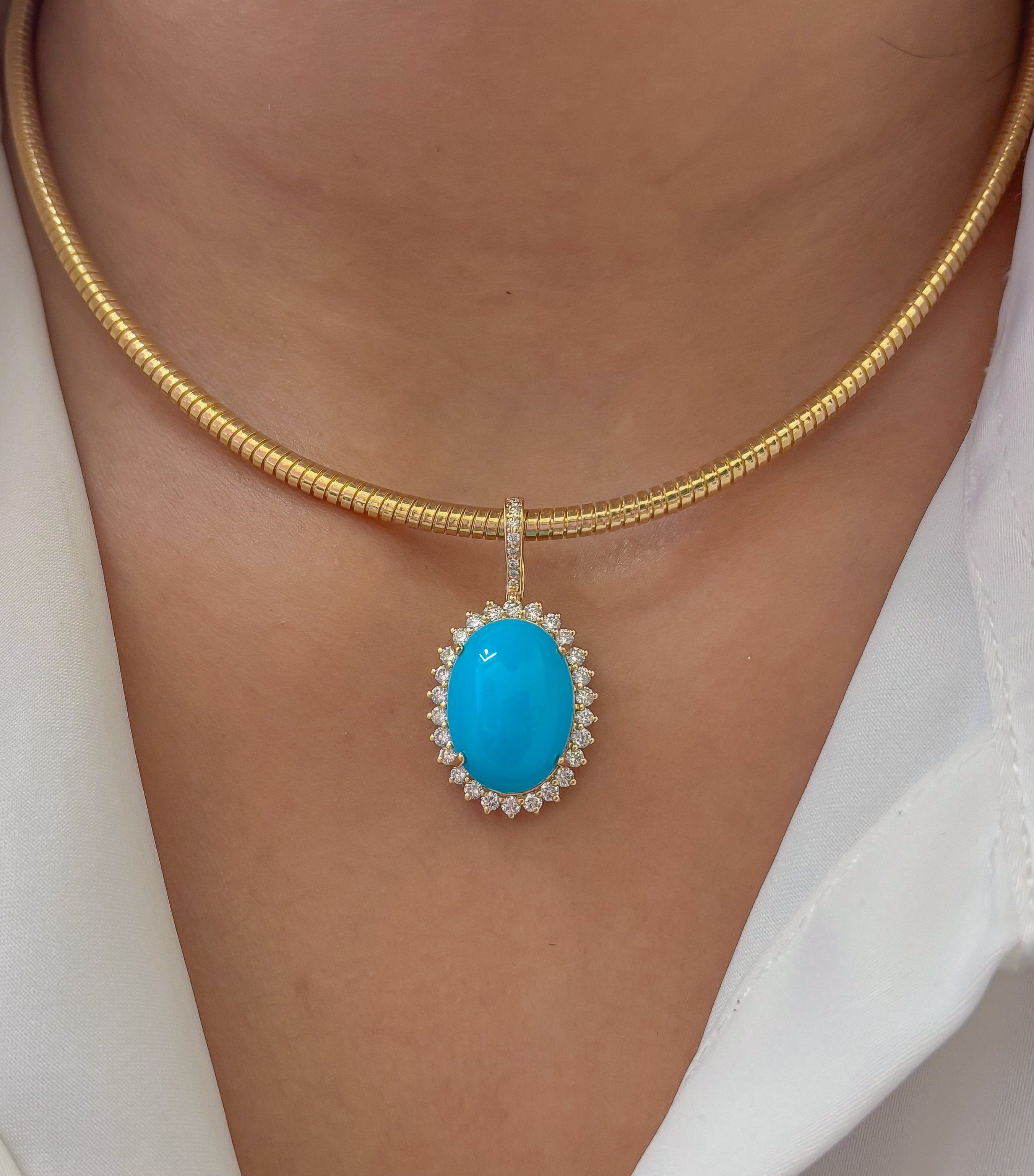 JPPD-1213/12061 Turquoise Helo Diamond Oval Pendant | 14K