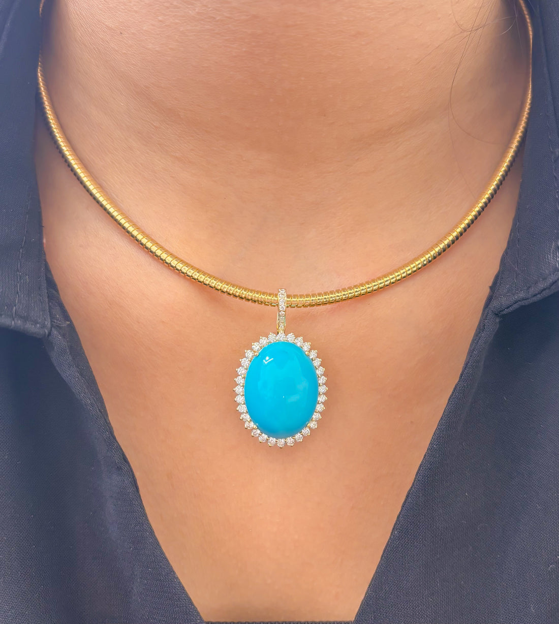 JPPD-1215/12075 Turquoise Helo Diamond Oval Pendant | 14K