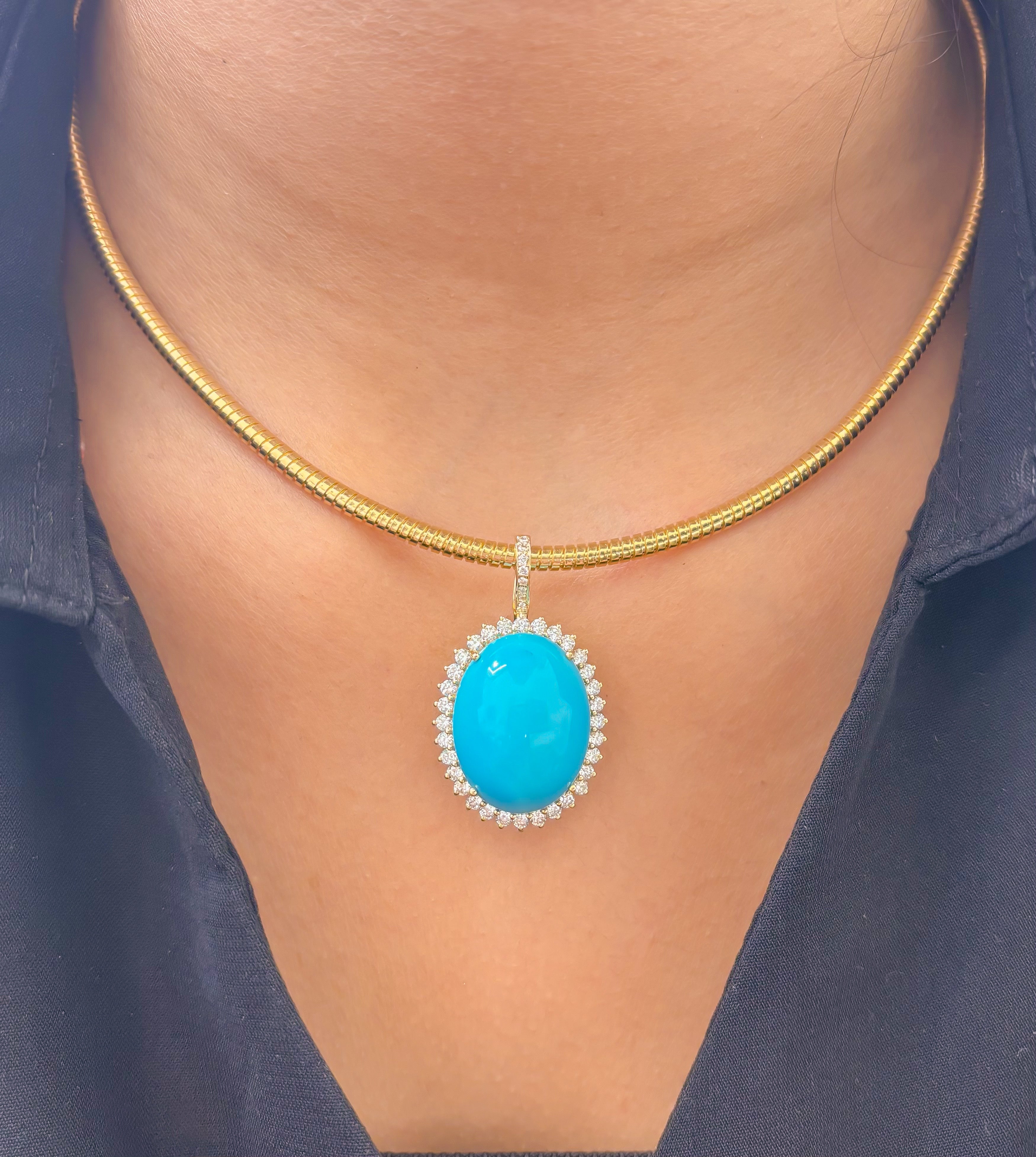 JPPD-1215/12075 Turquoise Helo Diamond Oval Pendant | 14K
