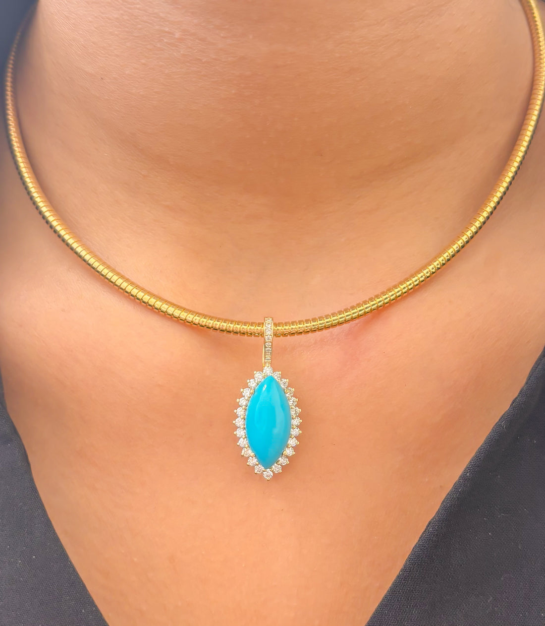 JPPD-1218/12078 Turquoise Helo Diamond Oval Pendant | 14K