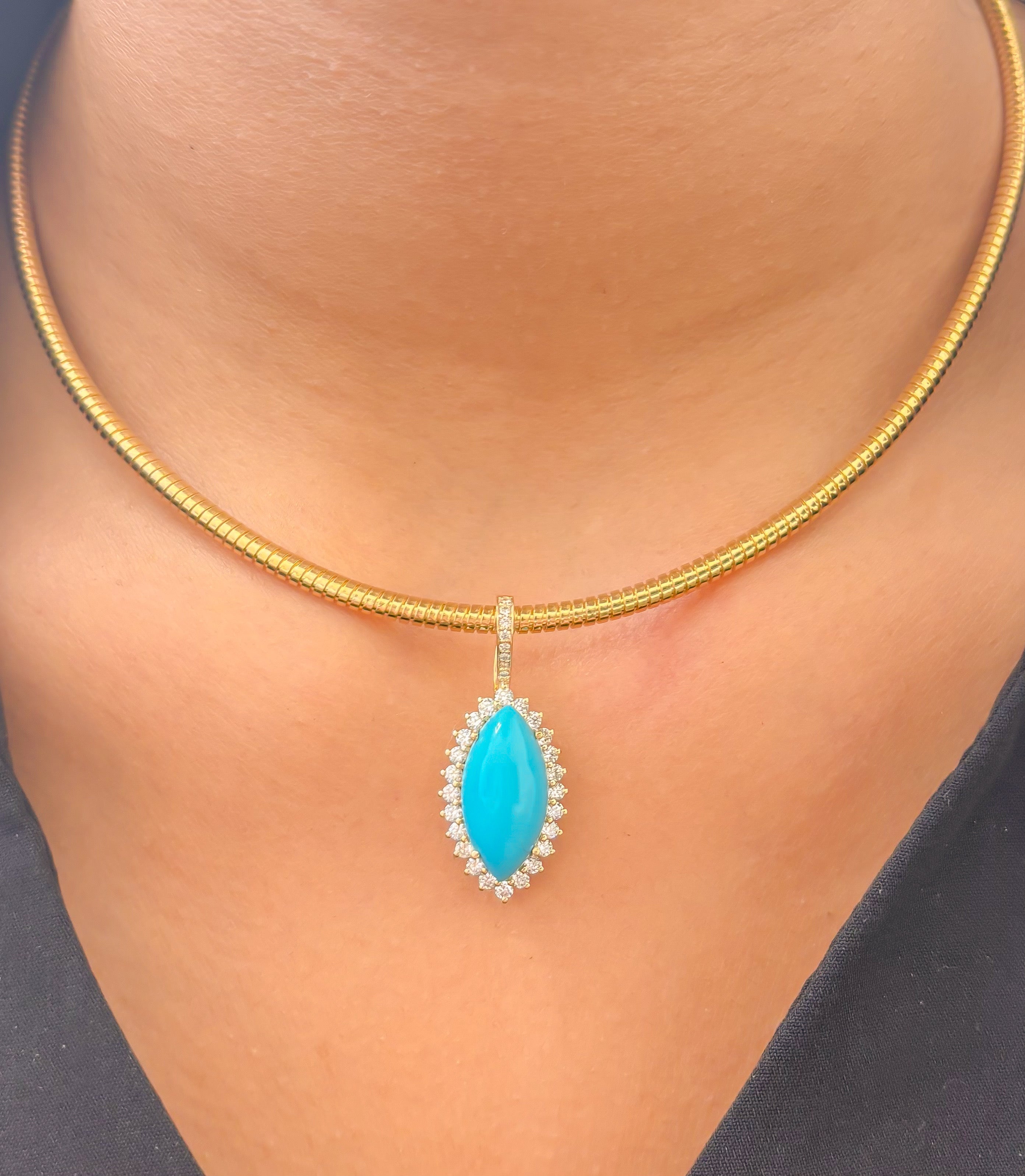 JPPD-1218/12078 Turquoise Helo Diamond Oval Pendant | 14K
