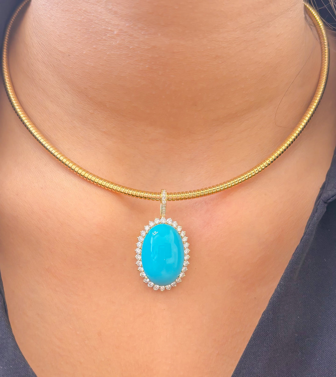 JPPD-1220/12080 Turquoise Helo Diamond Oval Pendant | 14K