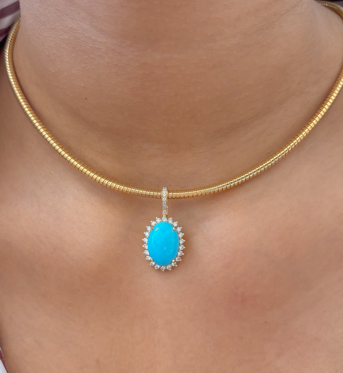 JPPD-1225/12181 Turquoise Helo Diamond Oval Pendant | 14K