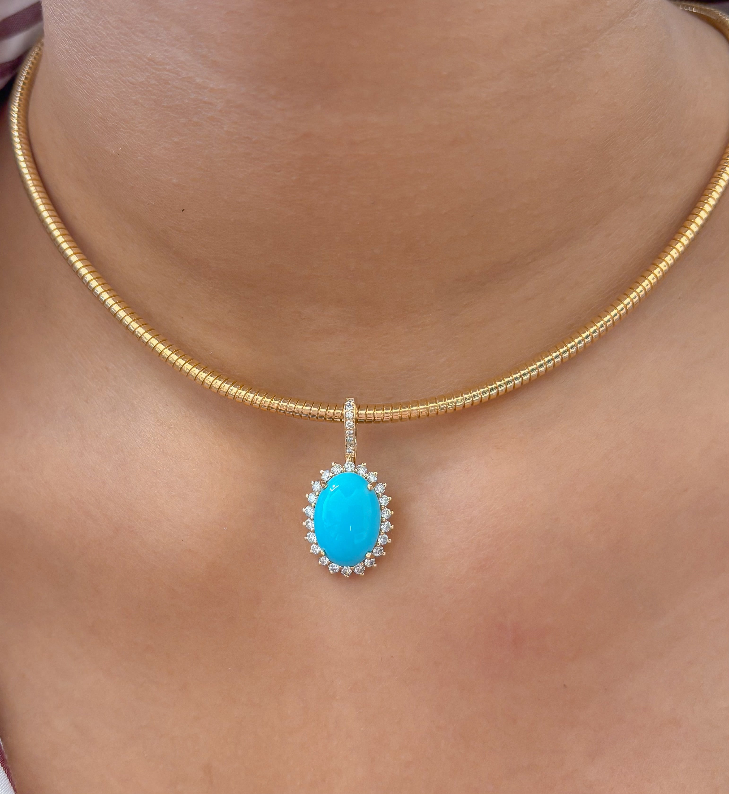JPPD-1225/12181 Turquoise Helo Diamond Oval Pendant | 14K