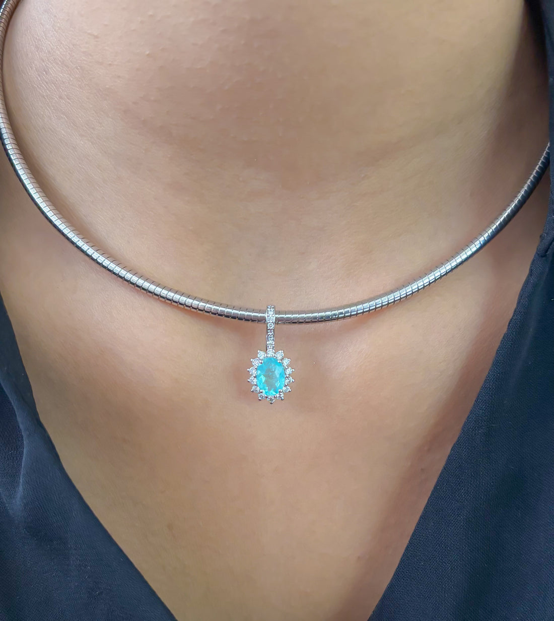 JPPD-1233/12274 Paraiba Tourmaline Halo Diamond Oval Pendant | 18K