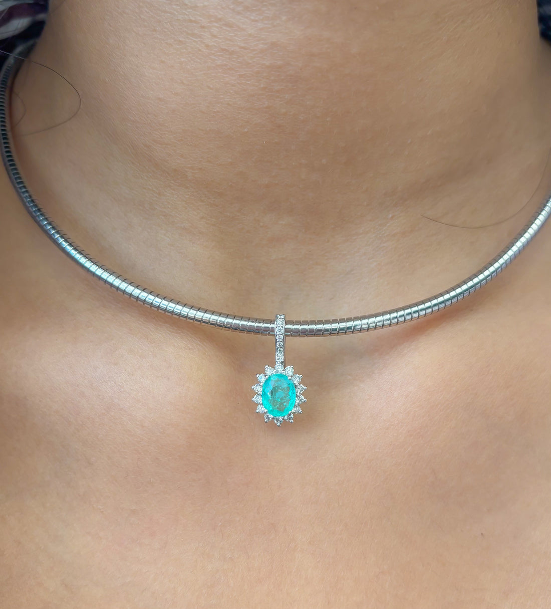 JPPD-1235/12320 Paraiba Tourmaline Halo Diamond Oval Pendant | 18K