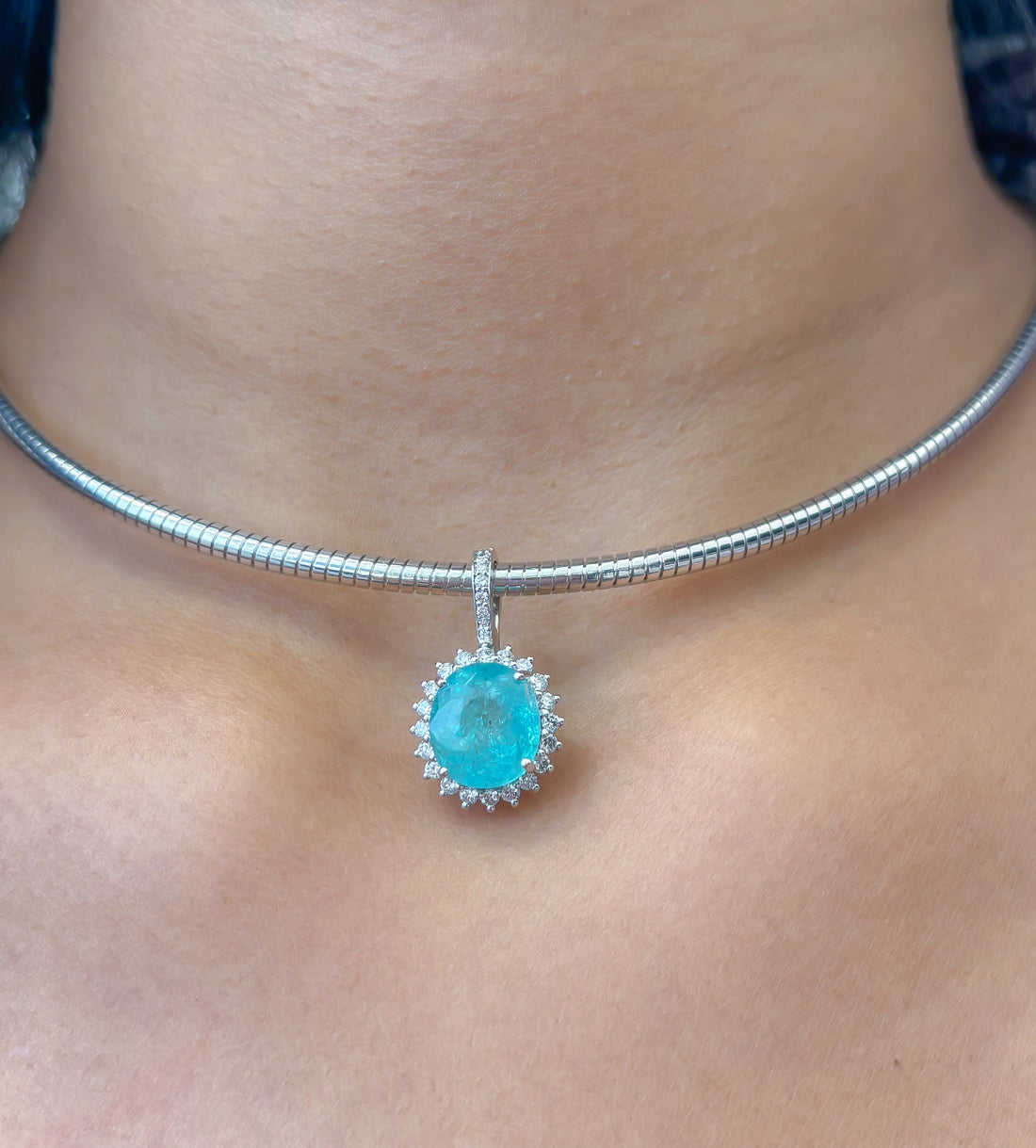 JPPD-1238/12323 Paraiba Tourmaline Halo Diamond Oval Pendant | 18K