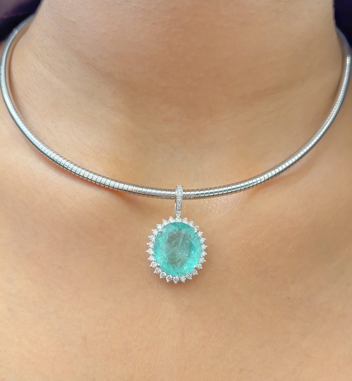 JPPD-1247/12352 Paraiba Tourmaline Halo Diamond Oval Pendant | 18K