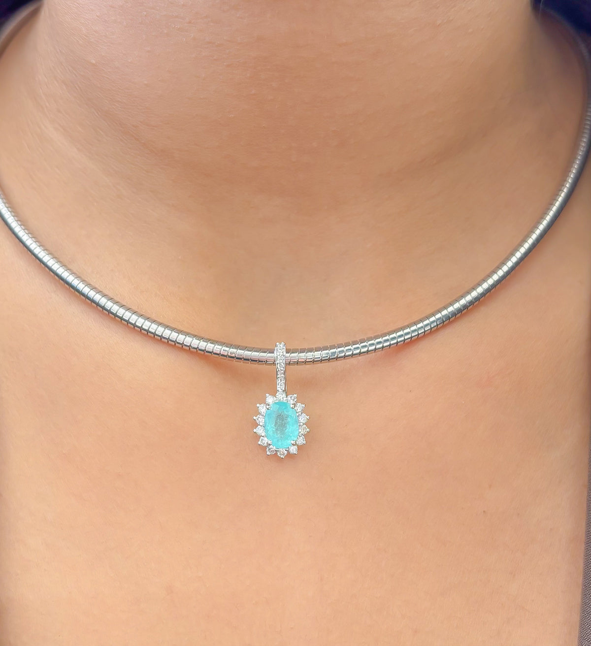 JPPD-1254/12359 Paraiba Tourmaline Halo Diamond Oval Pendant | 18K