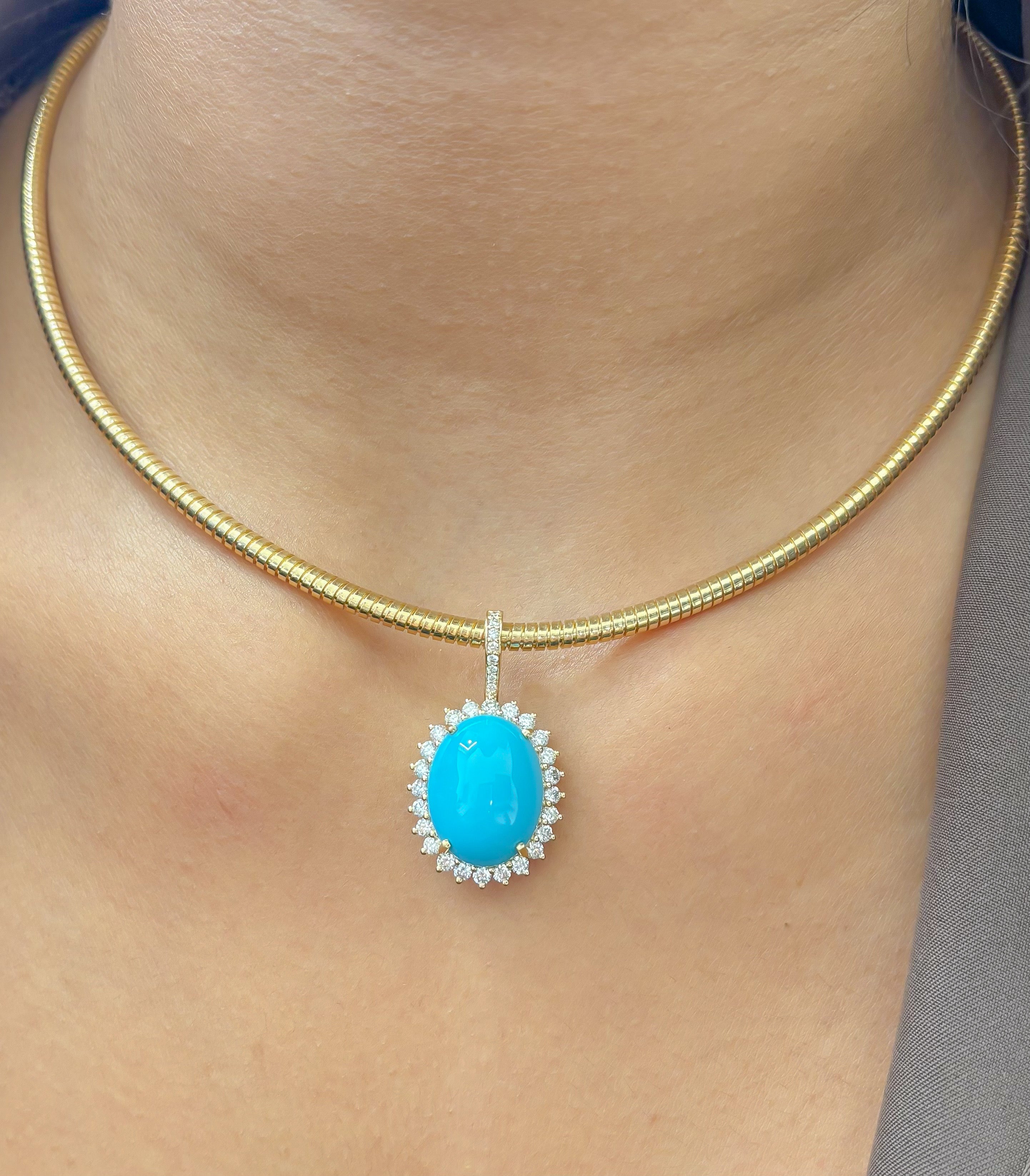 JPPD-1257/12362 Turquoise Helo Diamond Oval Pendant | 14K