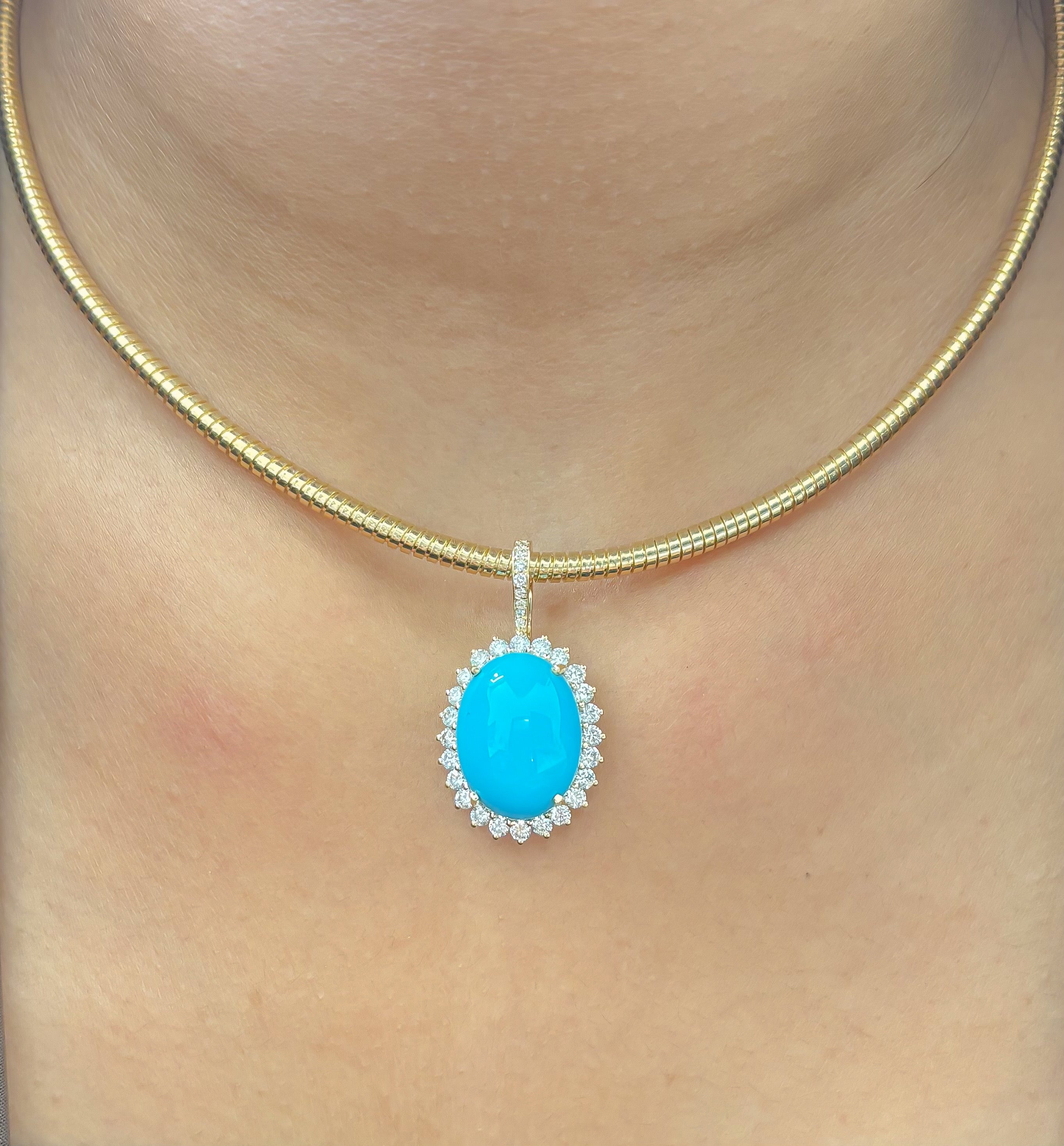 JPPD-1258/12363 Turquoise Helo Diamond Oval Pendant | 14K