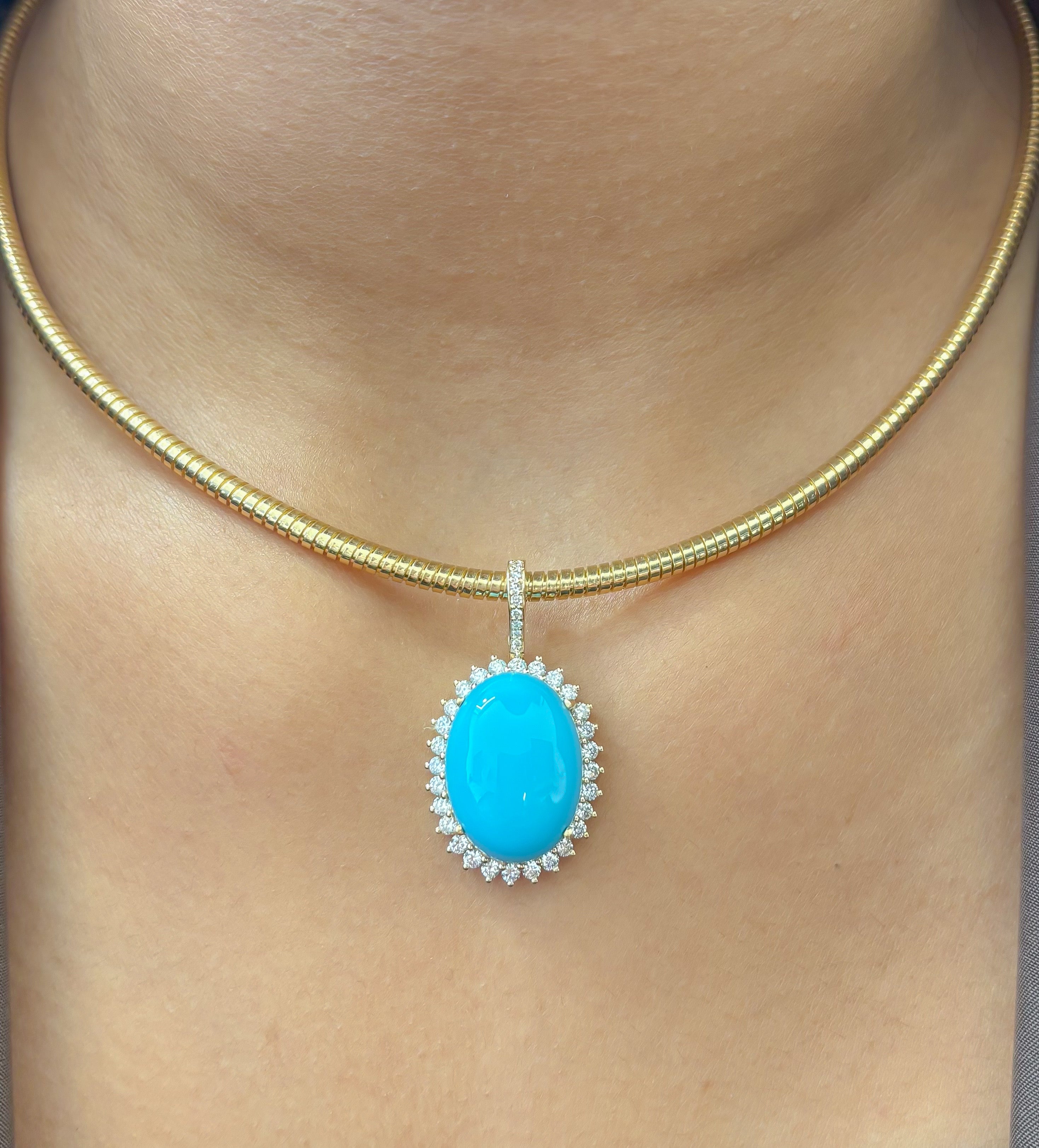 JPPD-1259/12364 Turquoise Helo Diamond Oval Pendant | 14K