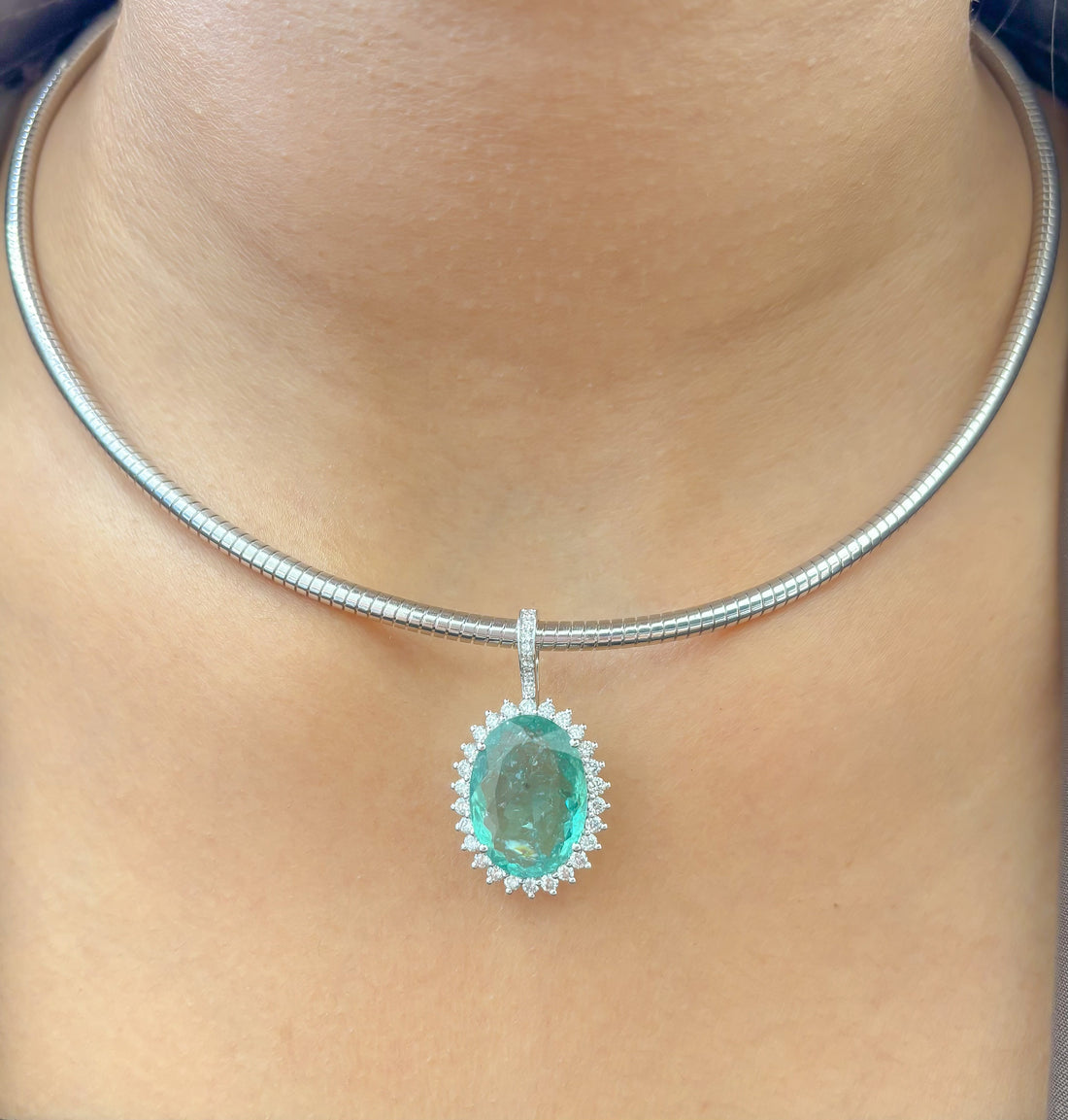 JPPD-1260/12365 Paraiba Tourmaline Halo Diamond Oval Pendant | 18K