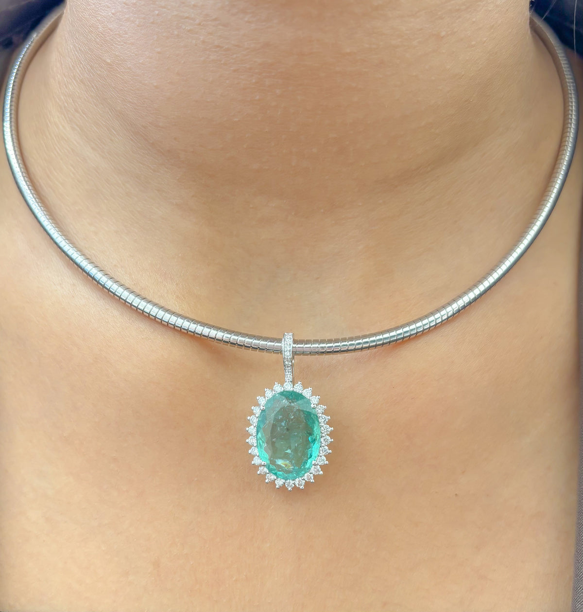 JPPD-1260/12365 Paraiba Tourmaline Halo Diamond Oval Pendant | 18K