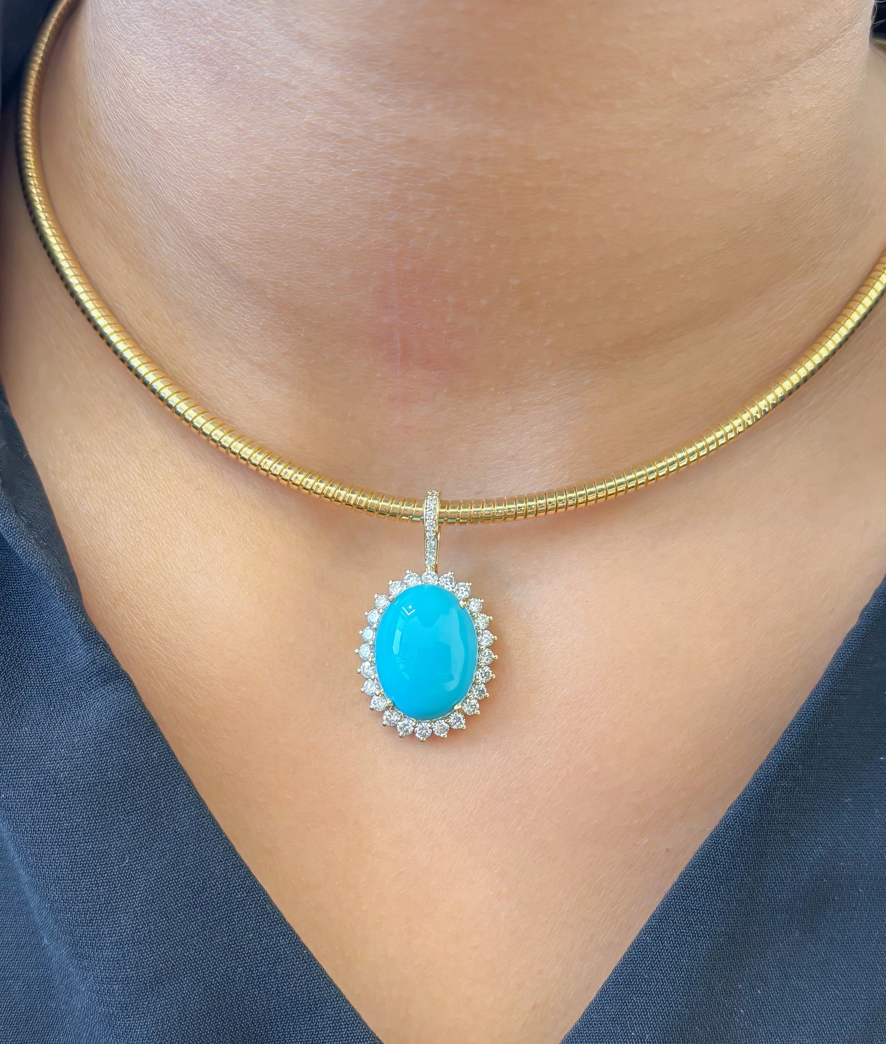 JPPD-1271/12433 Turquoise Helo Diamond Oval Pendant | 14K