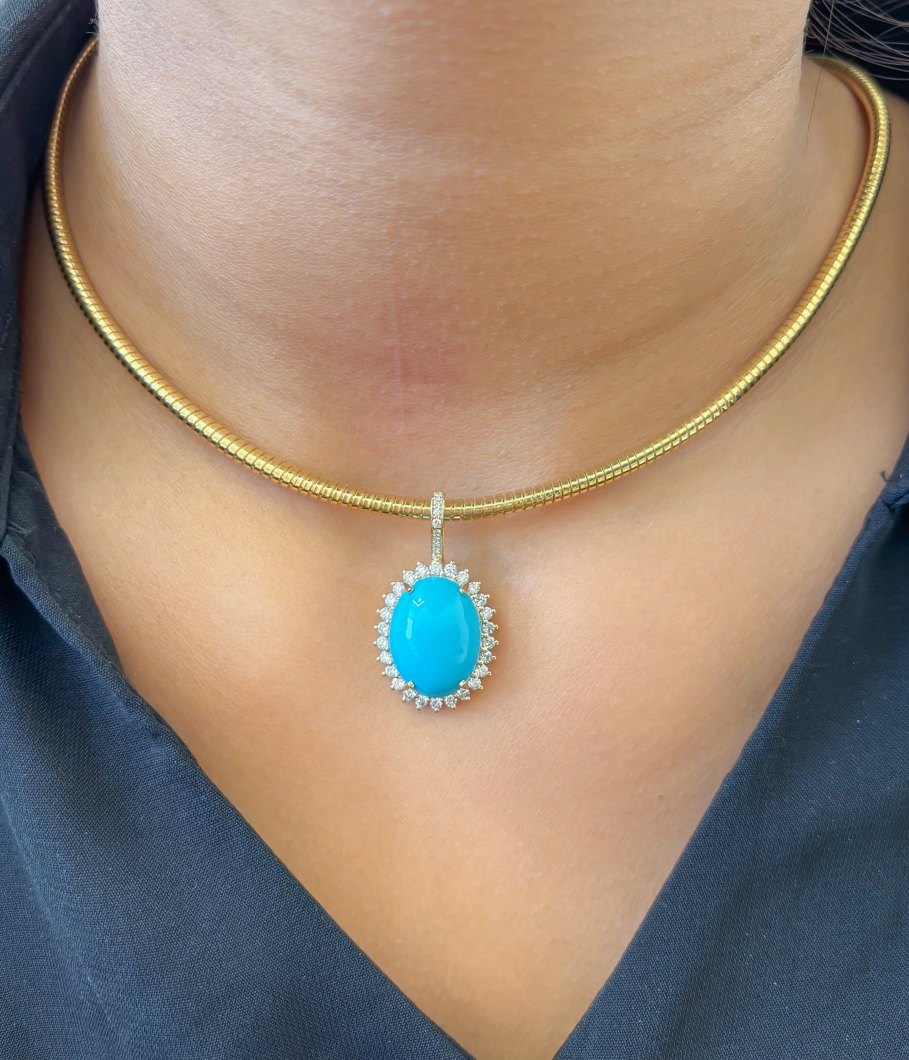 JPPD-1272/12434 Turquoise Helo Diamond Oval Pendant | 14K