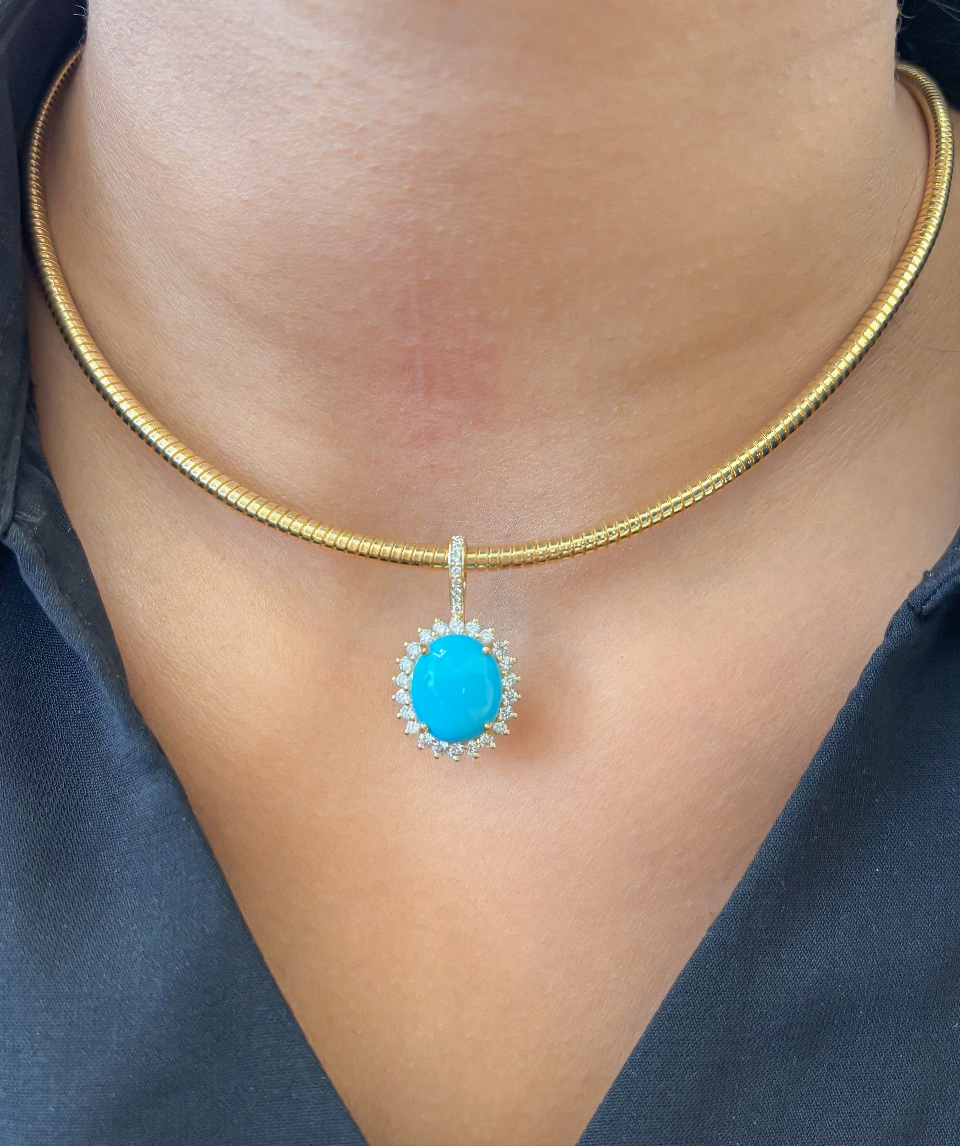 JPPD-1273/12435 Turquoise Helo Diamond Oval Pendant | 14K