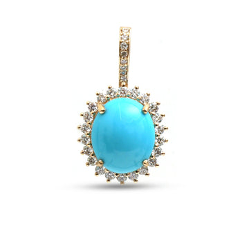 JPPD-1273/12435 Turquoise Helo Diamond Oval Pendant | 14K