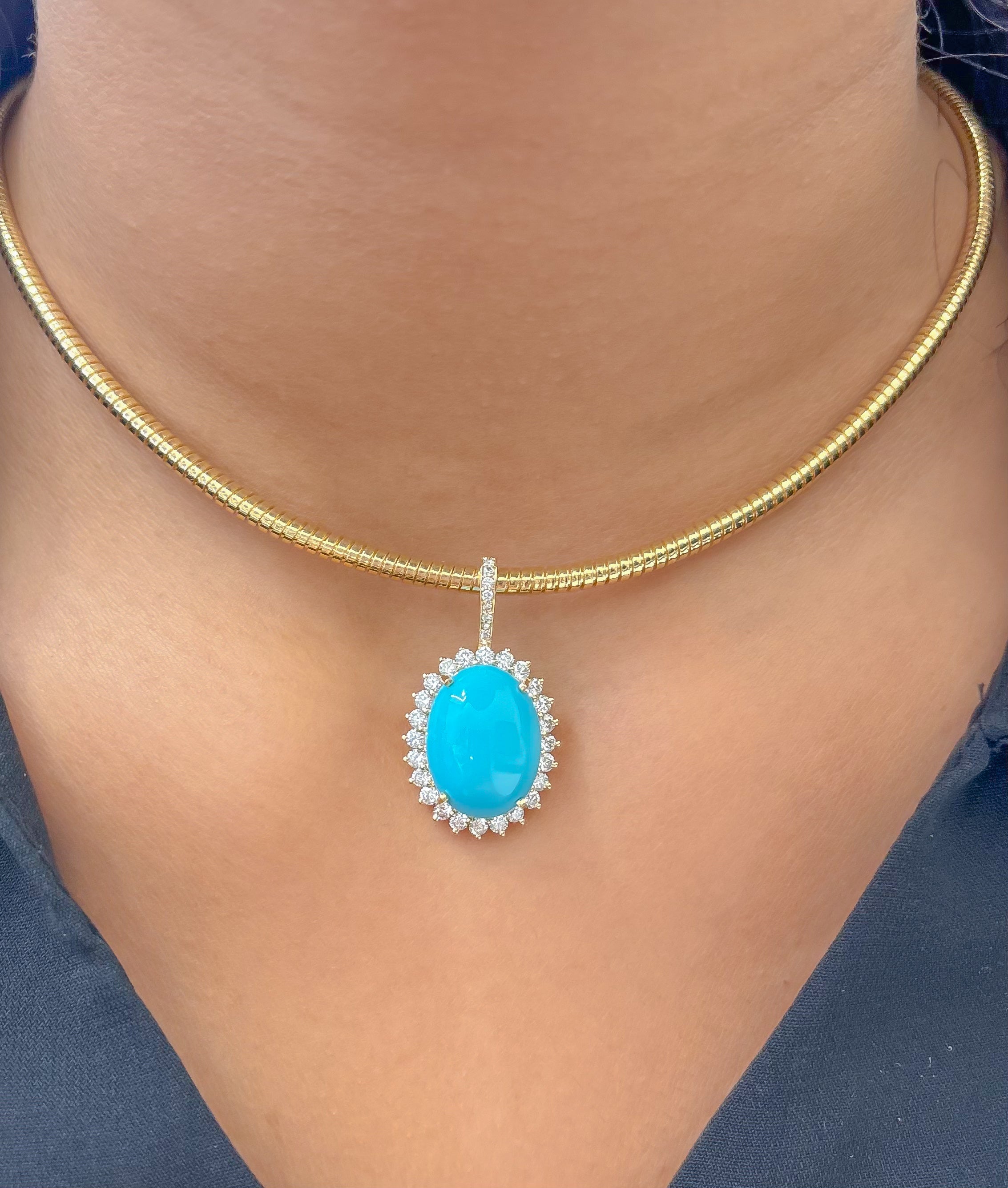 JPPD-1274/12466 Turquoise Halo Diamond Oval Pendant | 14K