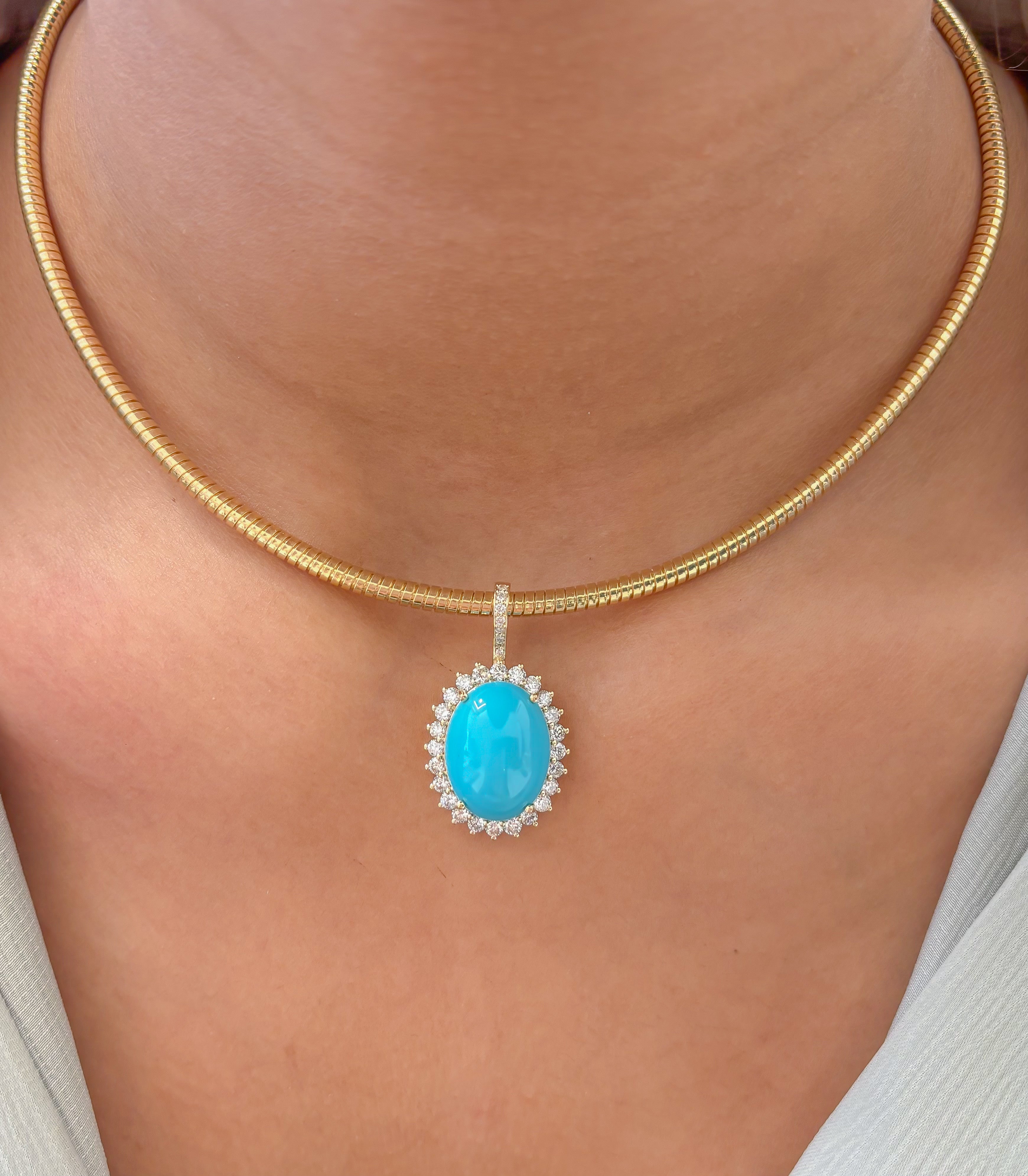 JPPD-1307/12598 Turquoise Halo Diamond Oval Pendant | 14K